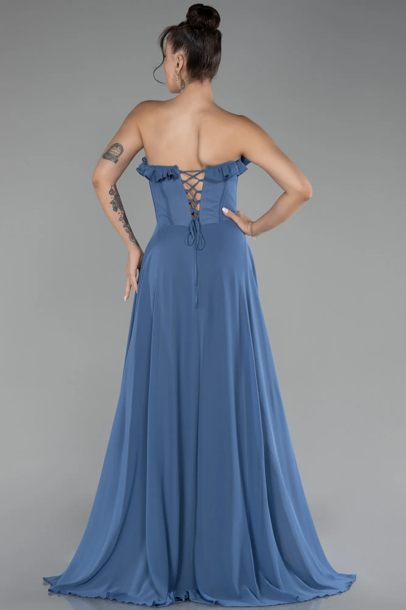 Indigo-Strapless Slit Long Chiffon Prom Dress ABU4214