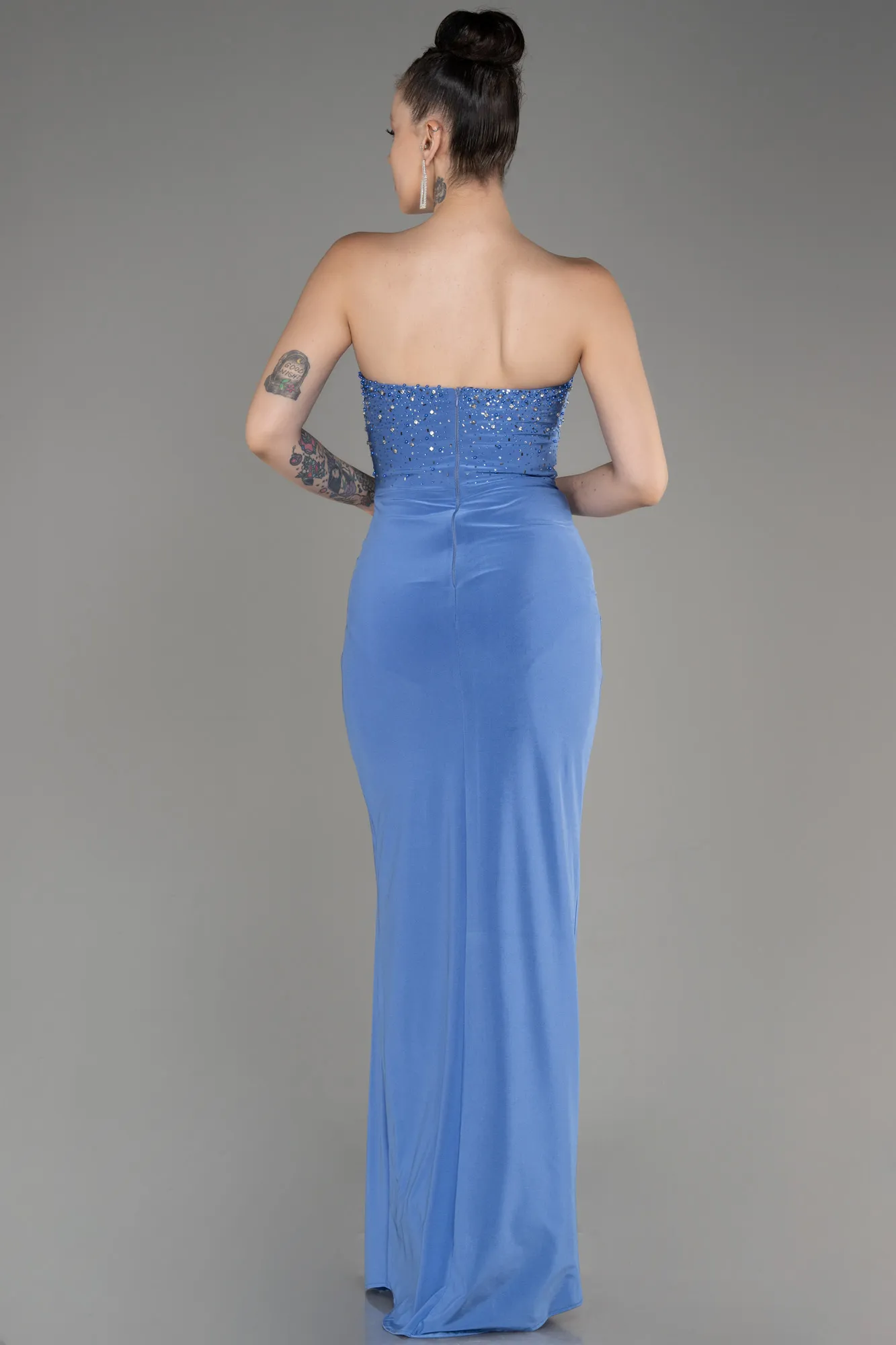 Indigo-Strapless Slit Long Evening Dress ABU3977