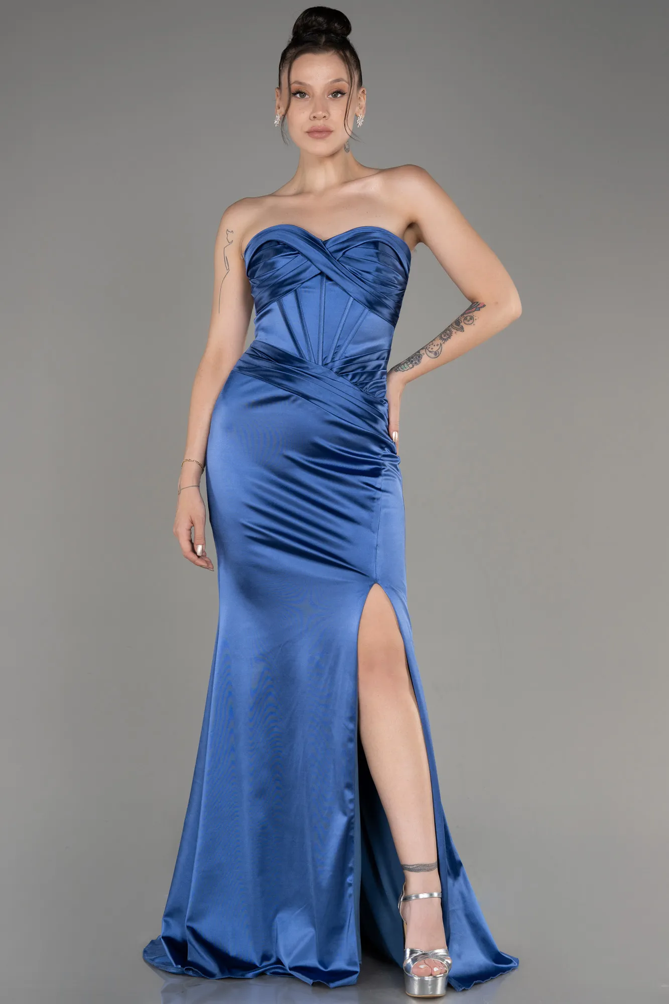 Indigo-Strapless Slit Long Satin Prom Dress ABU3979