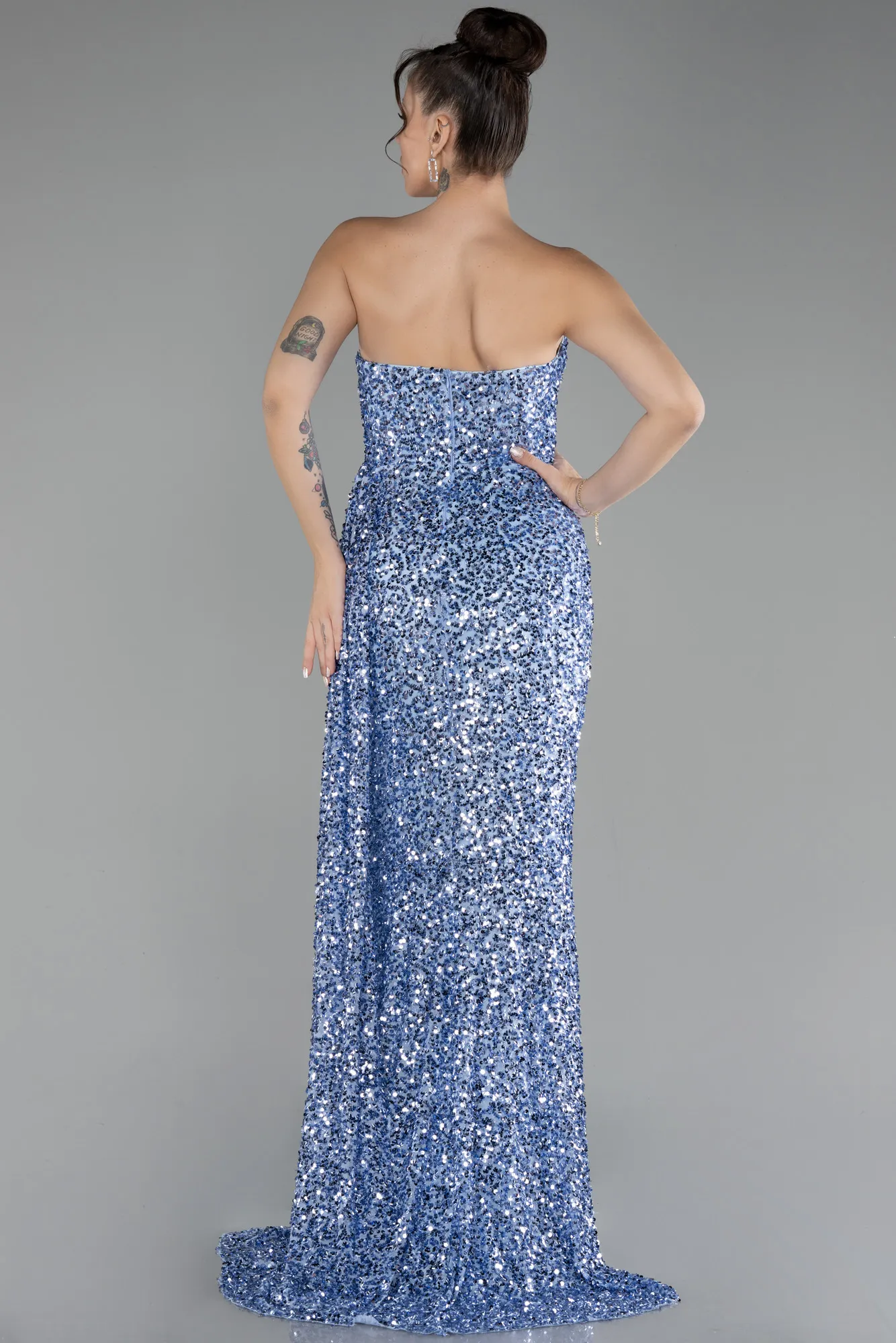 Indigo-Strapless Slit Long Sequined Prom Gown ABU4242