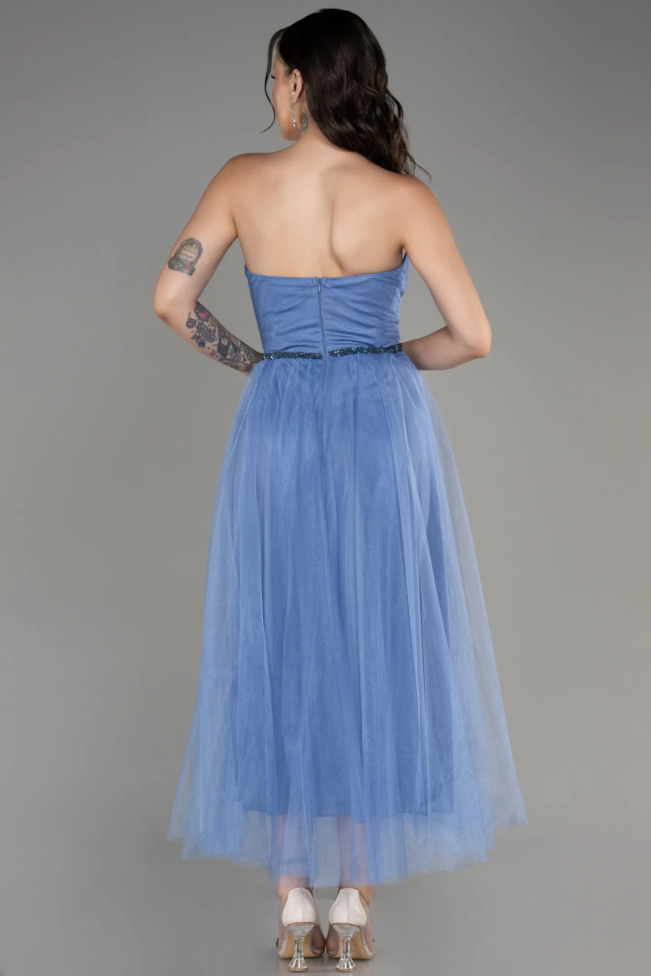 Indigo-Strapless Slit Midi Cocktail Dress ABK2099