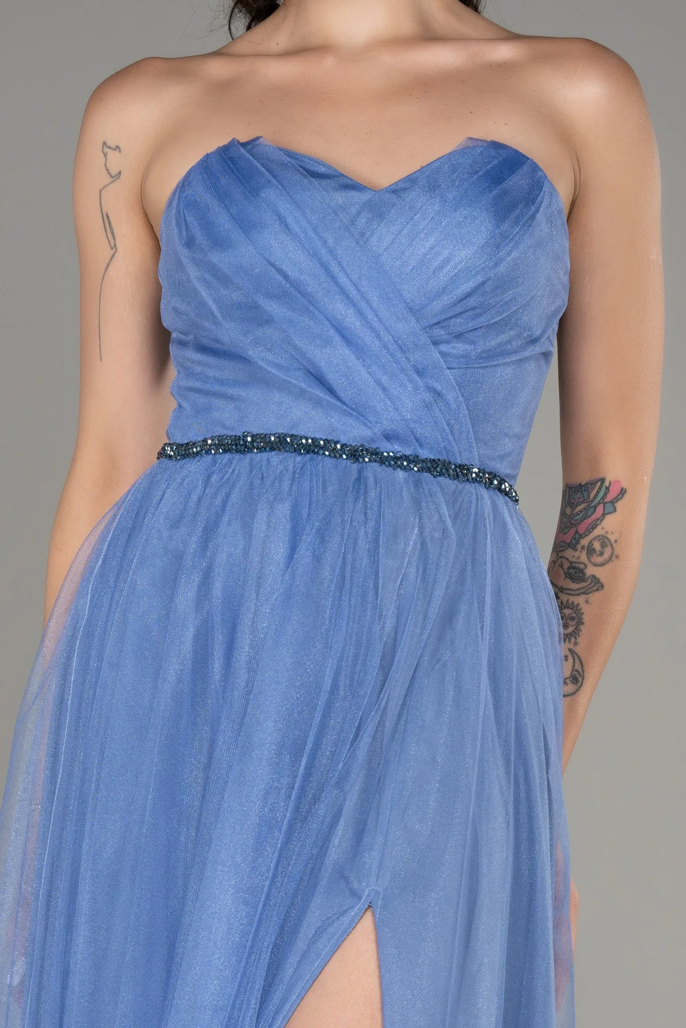 Indigo-Strapless Slit Midi Cocktail Dress ABK2099