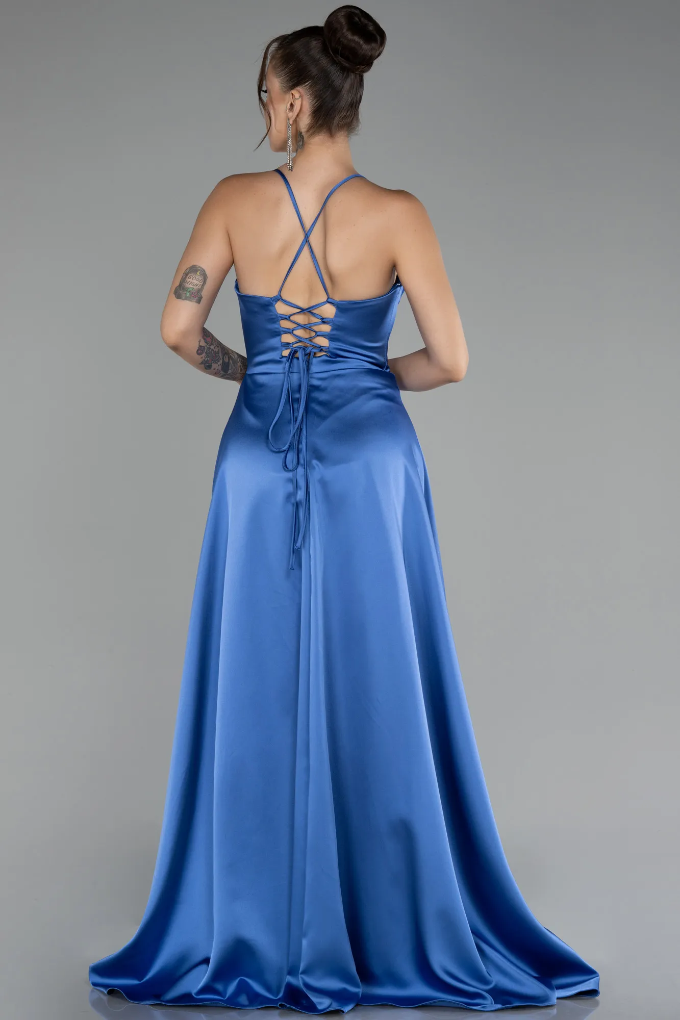 Indigo-Strappy Long Satin Prom Gown ABU4073