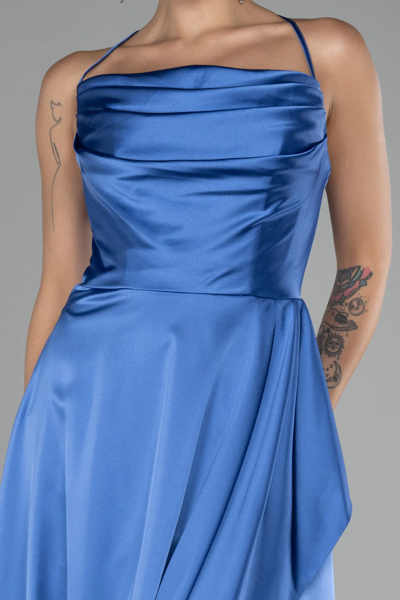 Indigo-Strappy Long Satin Prom Gown ABU4073