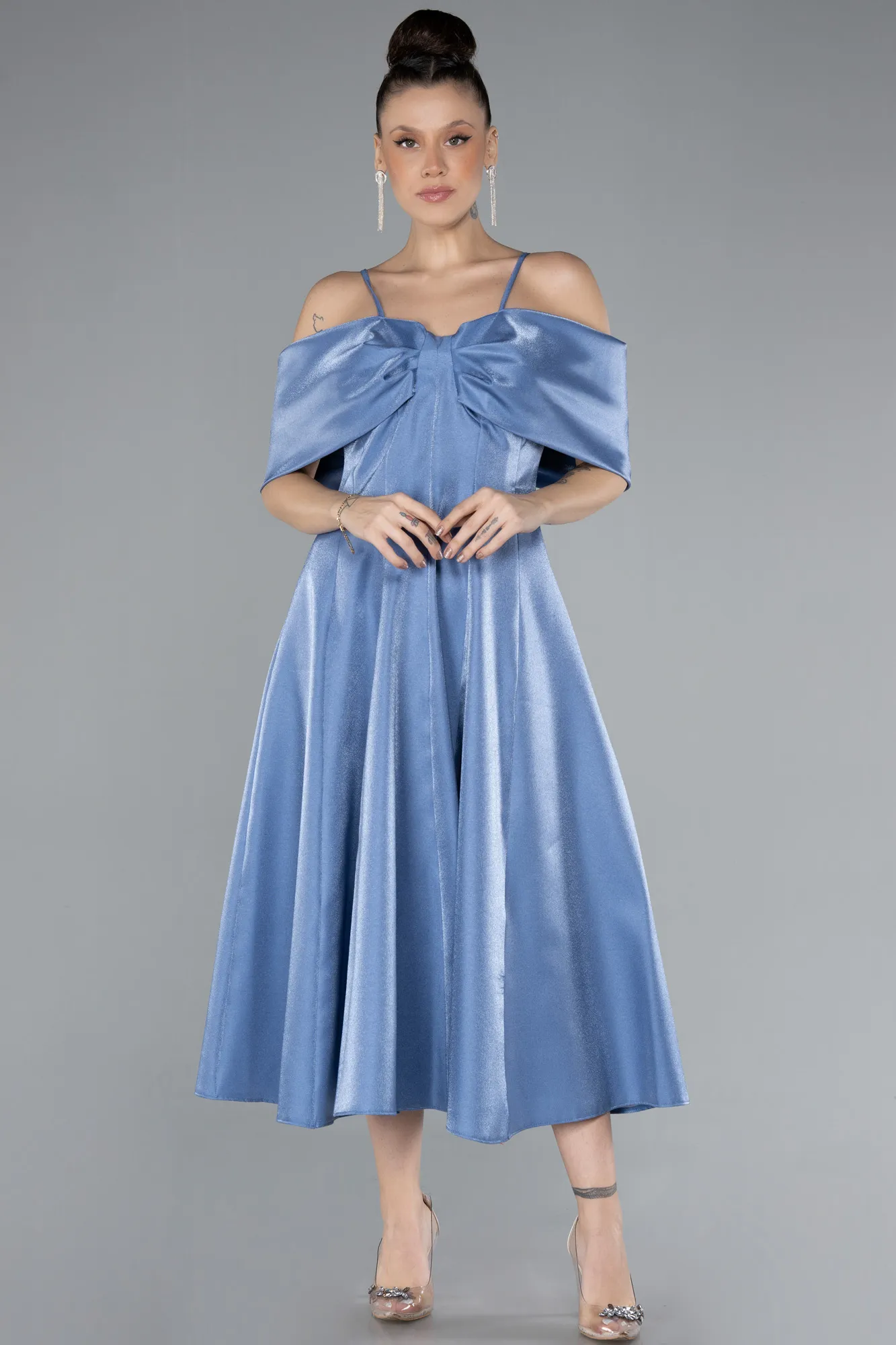 Indigo-Strappy Shoulder Cut Midi Invitation Dress ABK2204