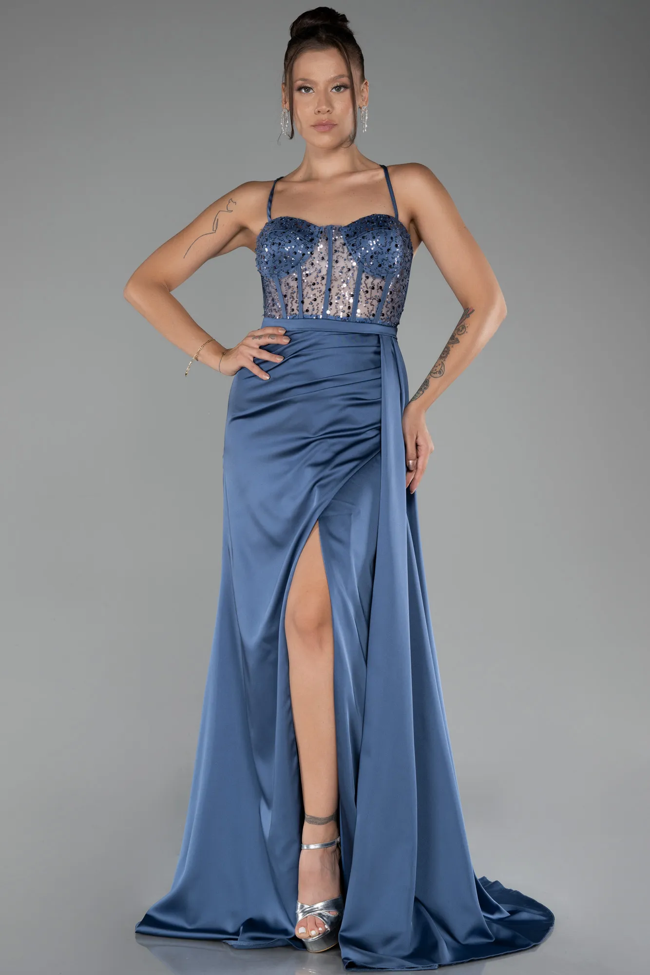 Indigo-Underwire On Top Slit Long Satin Eevning Gown ABU4090