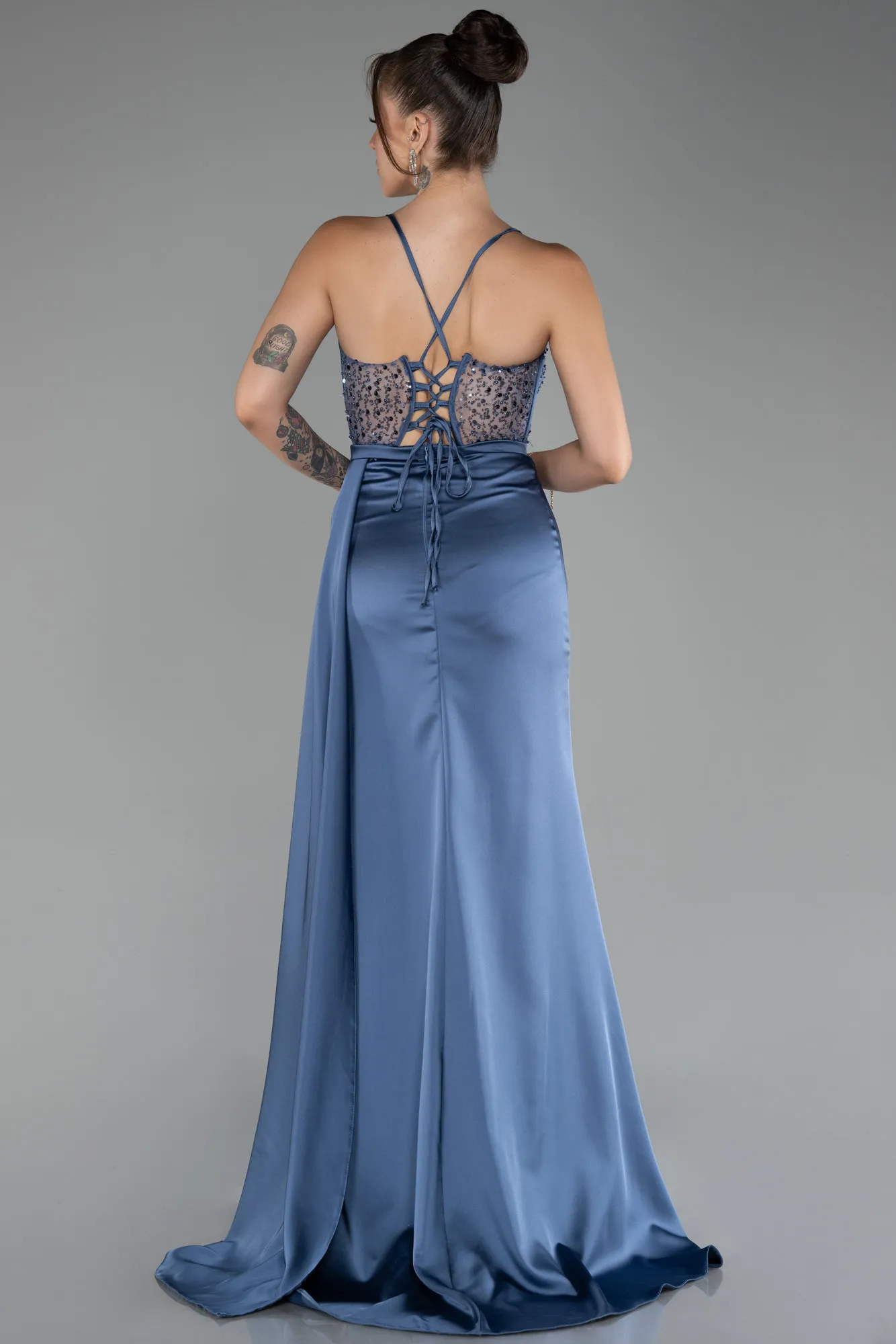 Indigo-Underwire On Top Slit Long Satin Eevning Gown ABU4090