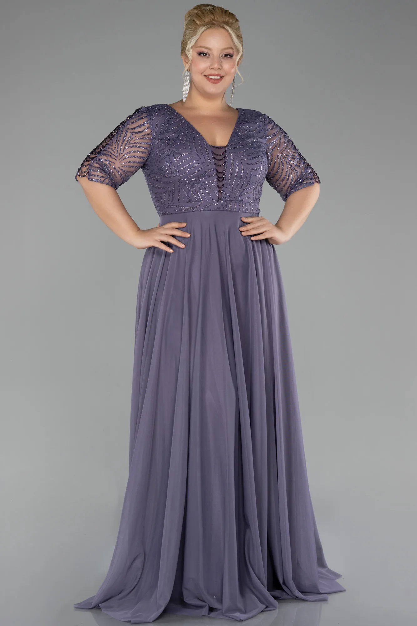 Lavender-Glittery Short Sleeve Long Plus Size Evening Dress ABU3844