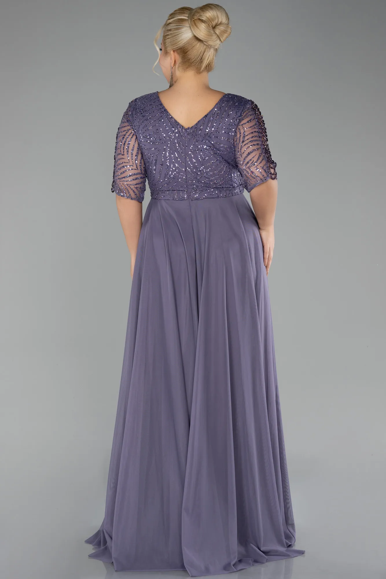 Lavender-Glittery Short Sleeve Long Plus Size Evening Dress ABU3844