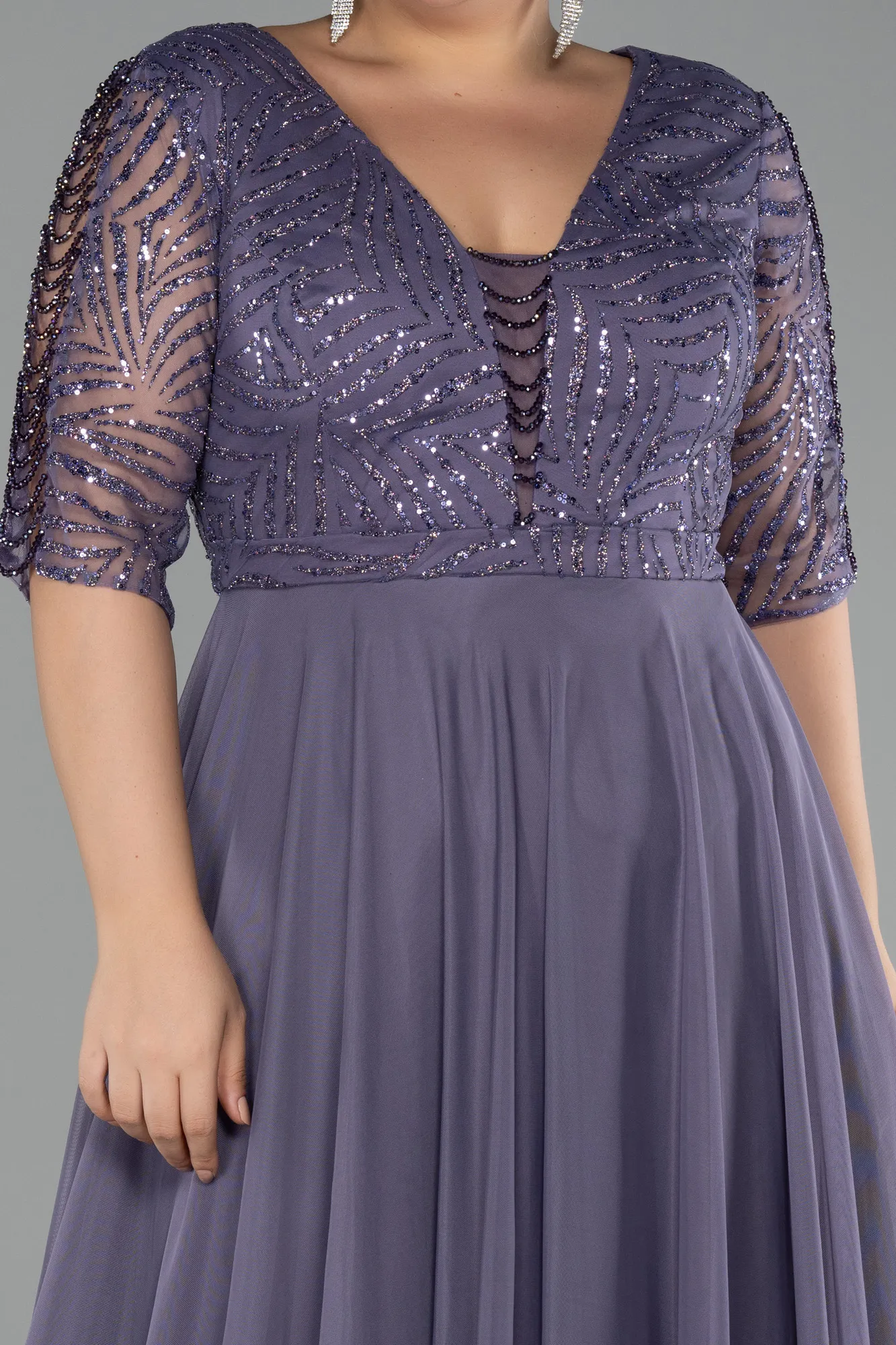 Lavender-Glittery Short Sleeve Long Plus Size Evening Dress ABU3844