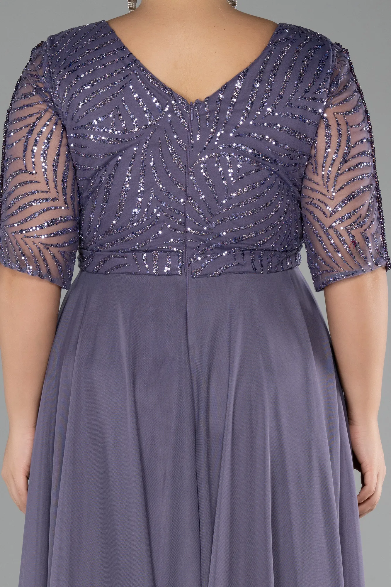 Lavender-Glittery Short Sleeve Long Plus Size Evening Dress ABU3844