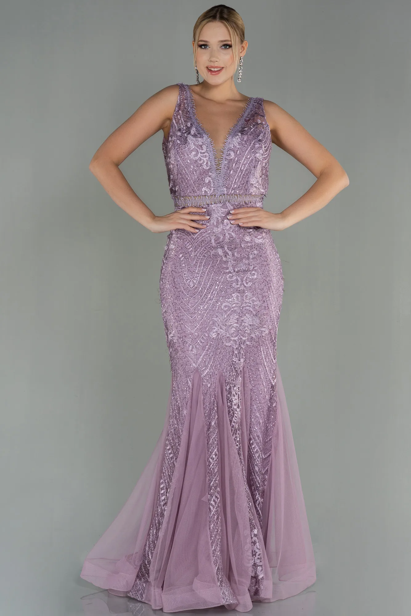 Lavender-Long Laced Evening Dress ABU1611