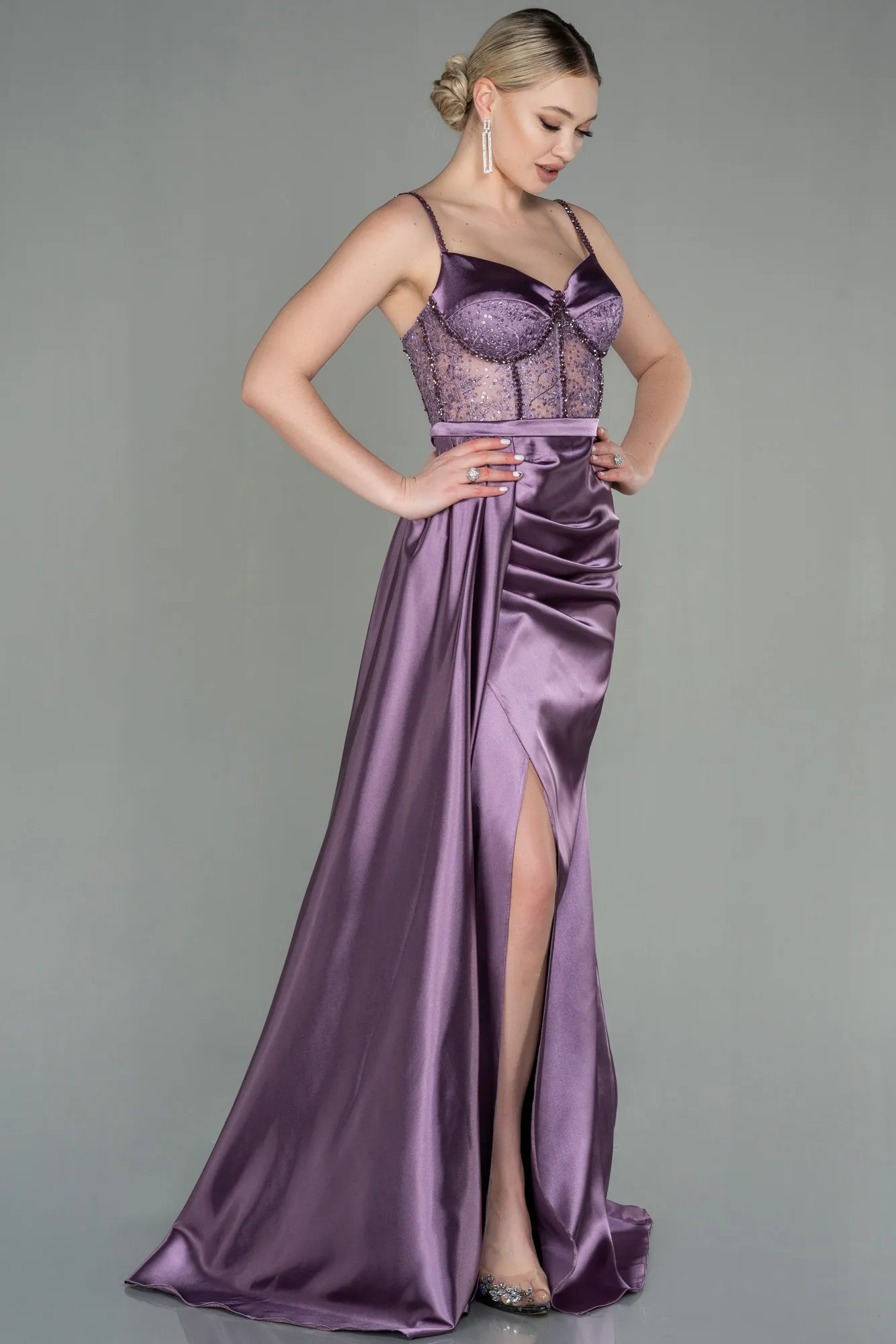 Lavender-Long Satin Evening Dress ABU2130