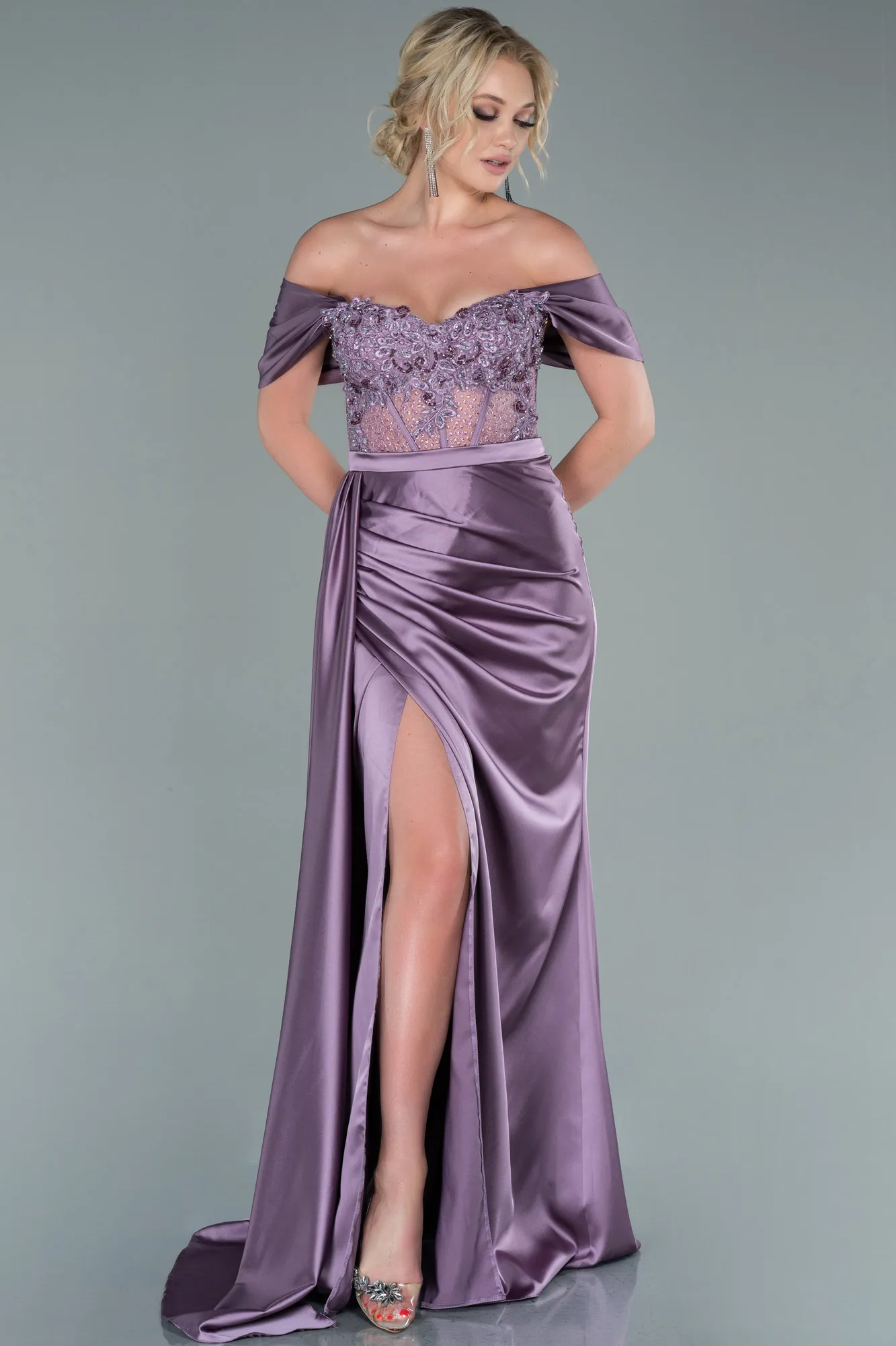 Lavender-Long Satin Evening Dress ABU3446