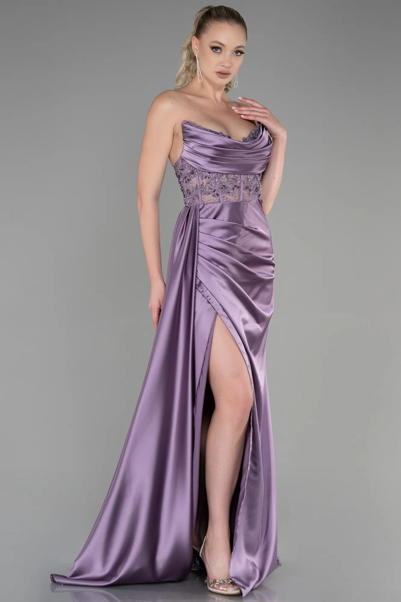 Lavender-Long Satin Evening Dress ABU3447