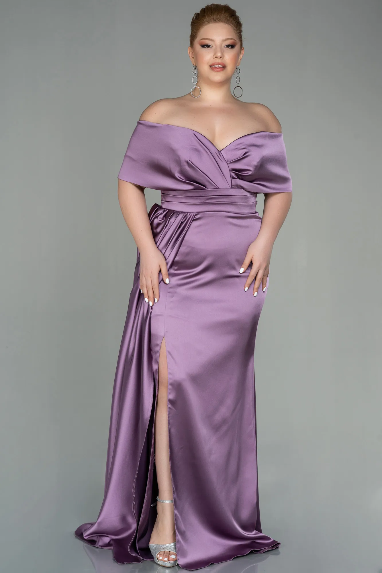 Lavender-Long Satin Plus Size Evening Dress ABU2873