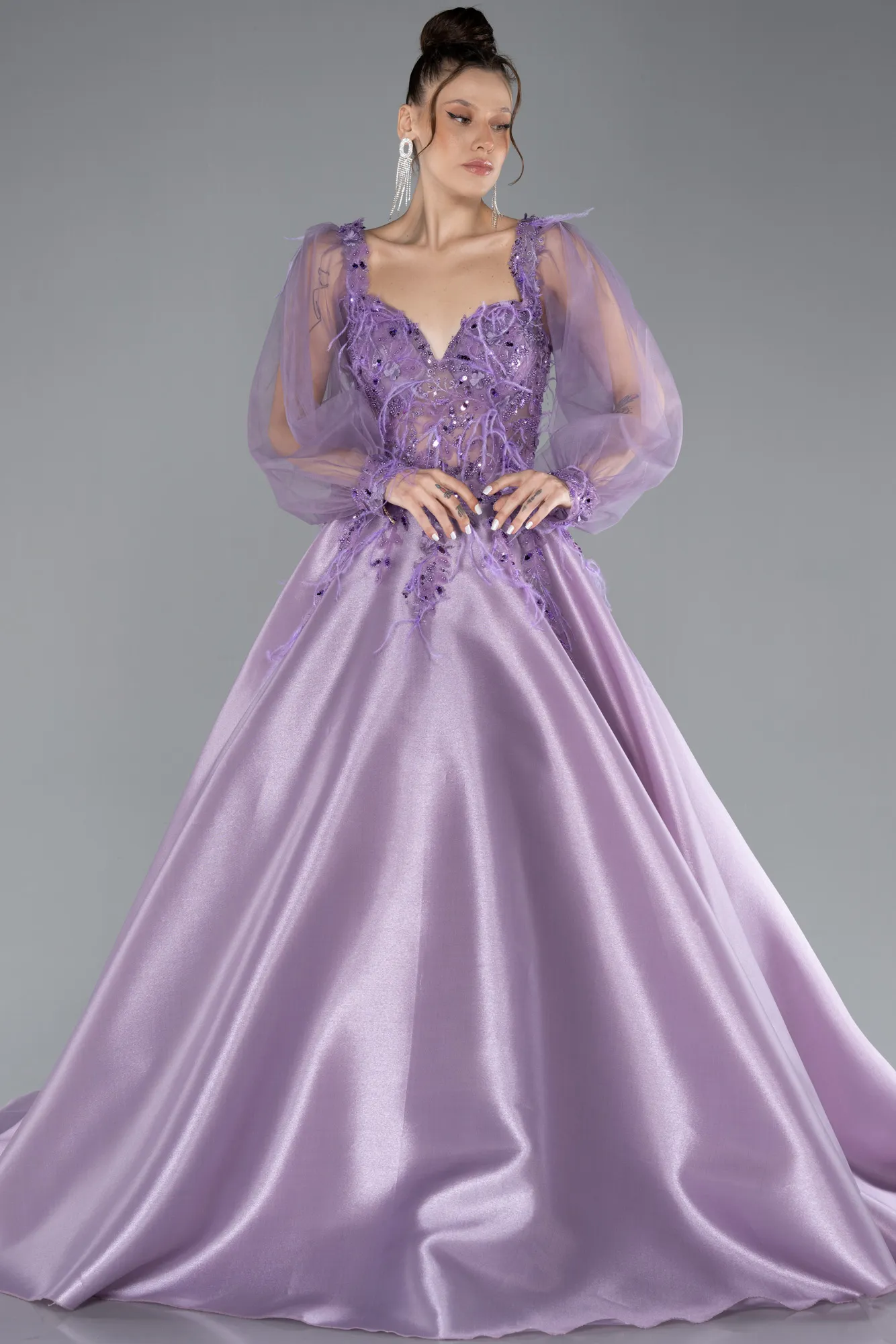 Lavender-Long Tulle Sleeve Stoned Ball Gown Special Design Evening Dress ABU4450