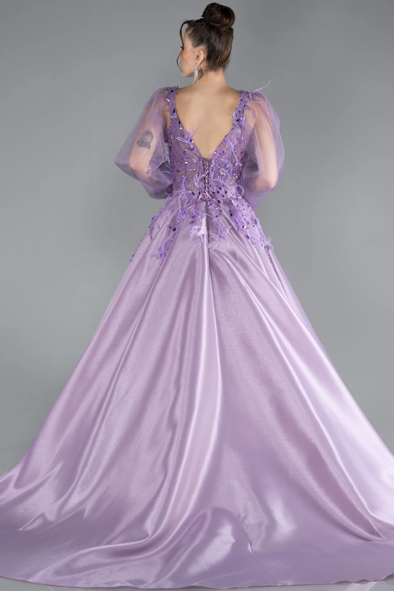 Lavender-Long Tulle Sleeve Stoned Ball Gown Special Design Evening Dress ABU4450