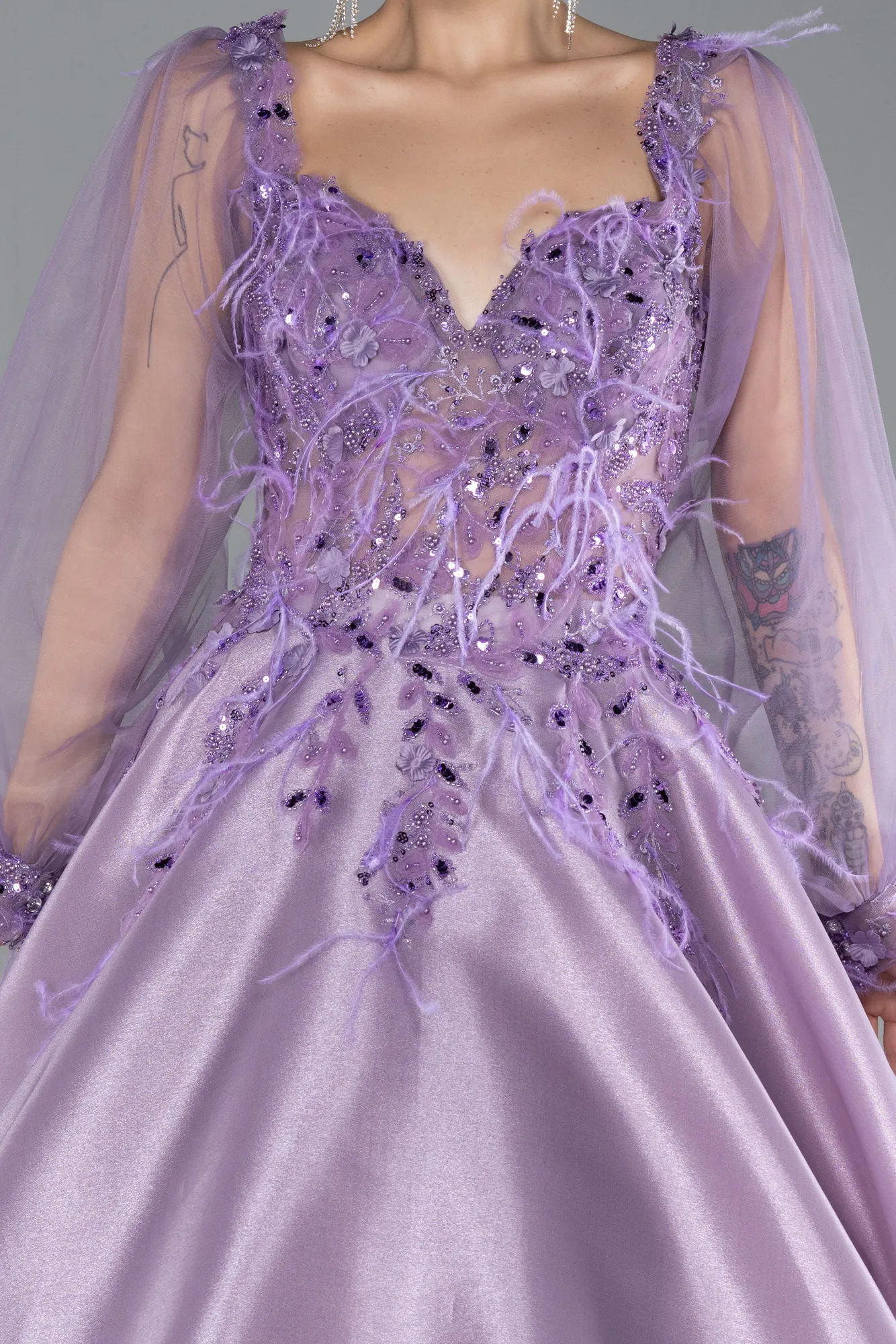 Lavender-Long Tulle Sleeve Stoned Ball Gown Special Design Evening Dress ABU4450