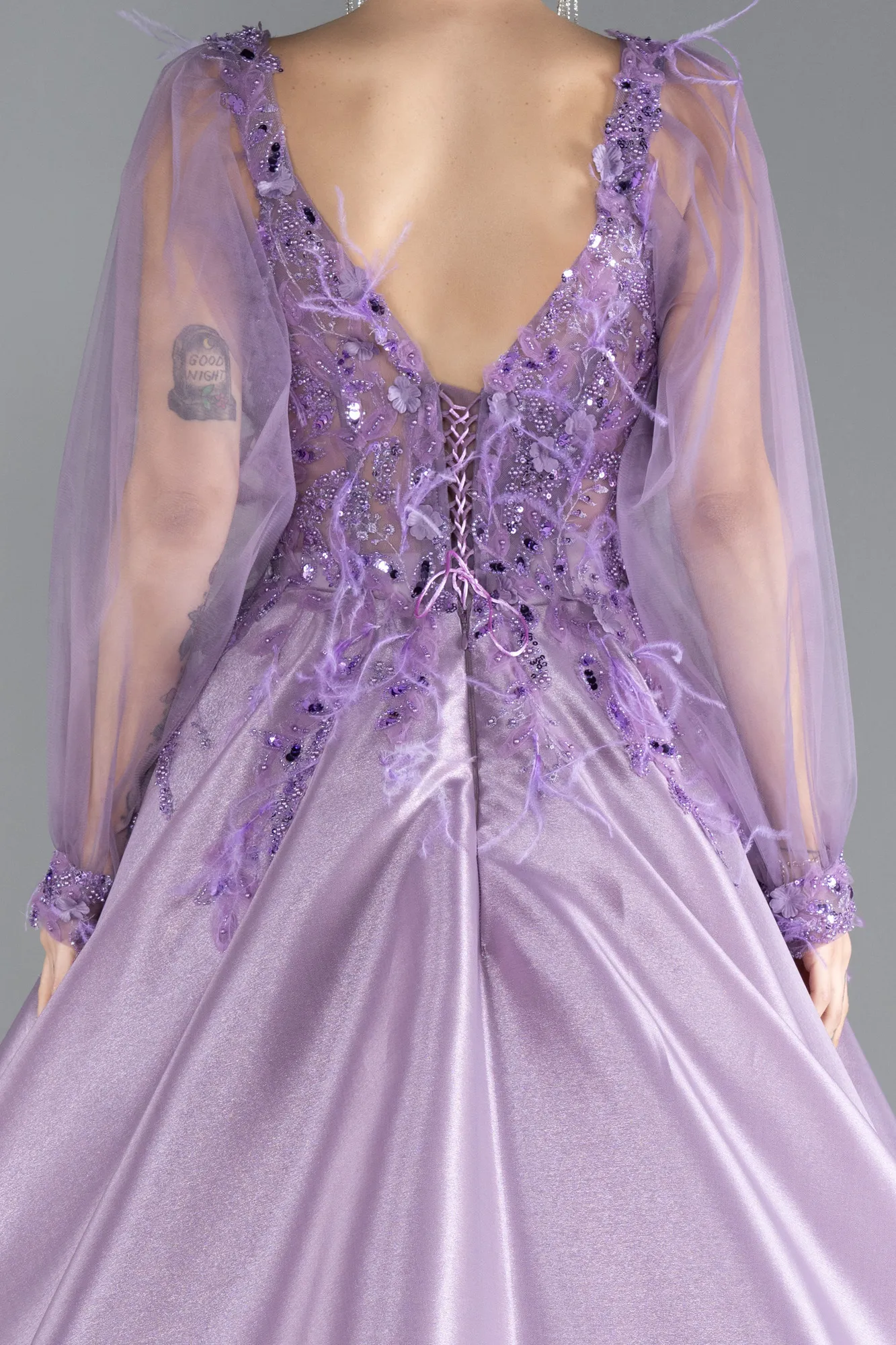 Lavender-Long Tulle Sleeve Stoned Ball Gown Special Design Evening Dress ABU4450