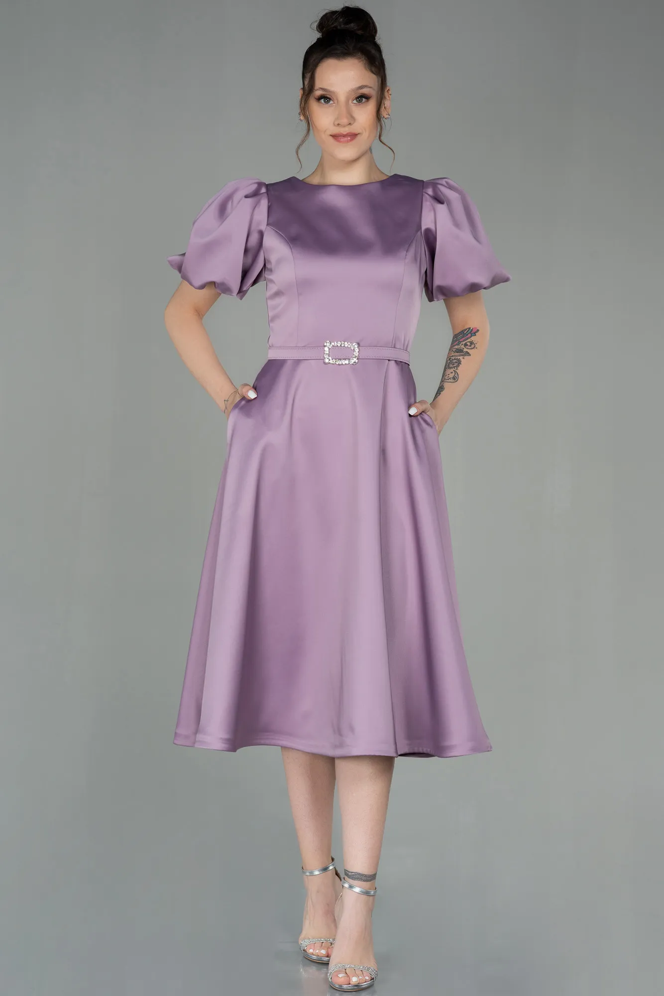 Lavender-Midi Satin Invitation Dress ABK1263