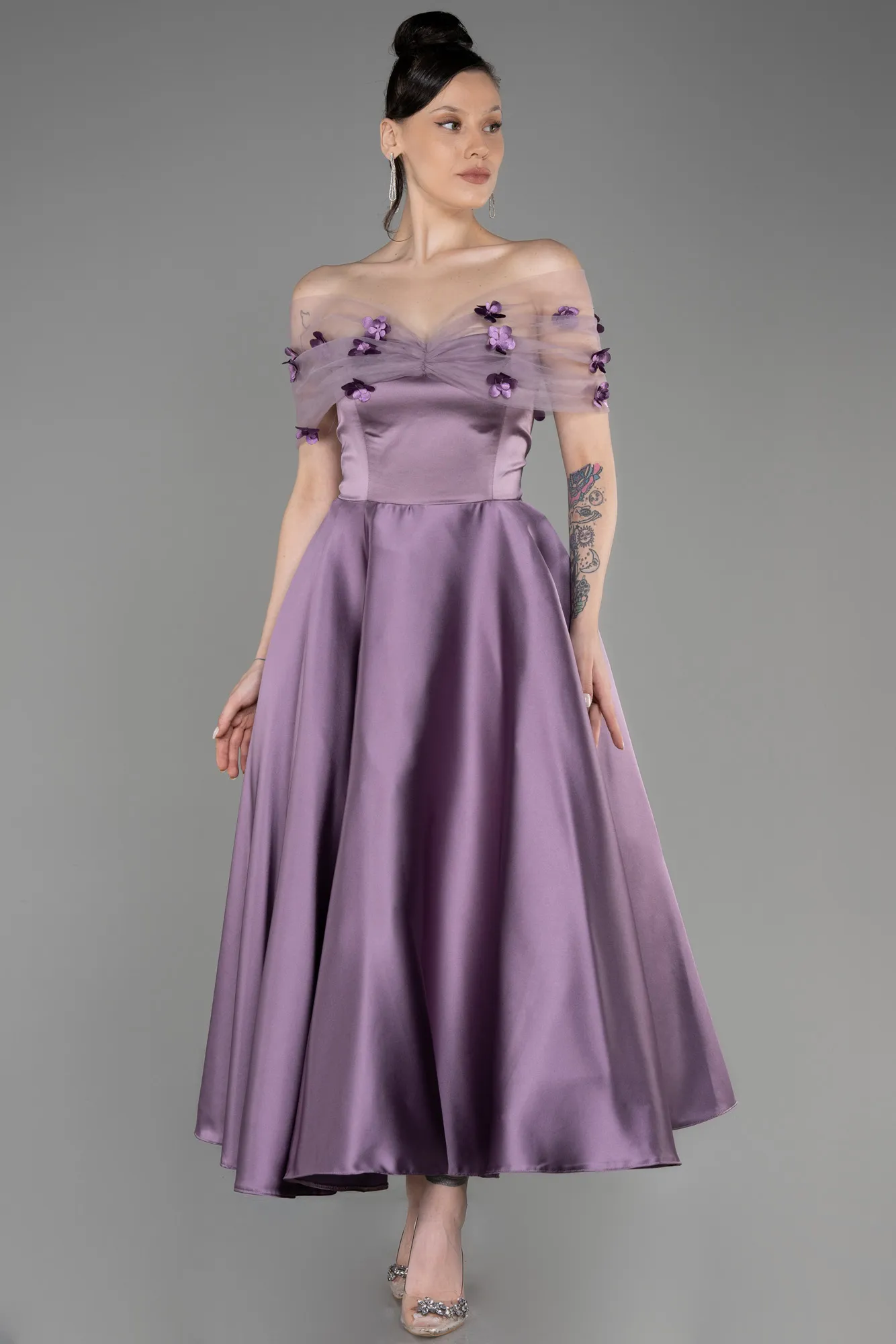 Lavender-Off-Shoulder Midi Saten Prom Dress ABK2033