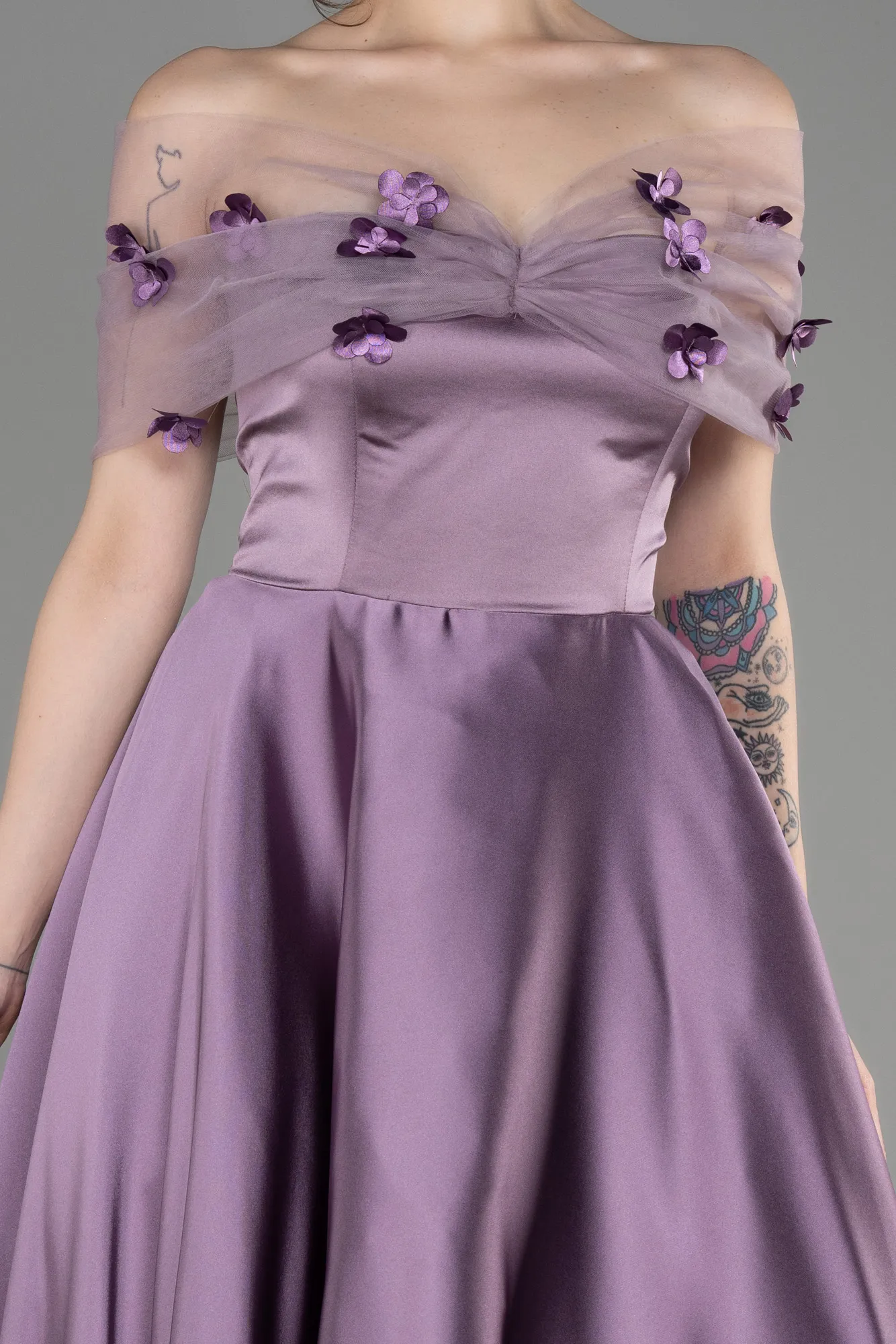 Lavender-Off-Shoulder Midi Saten Prom Dress ABK2033