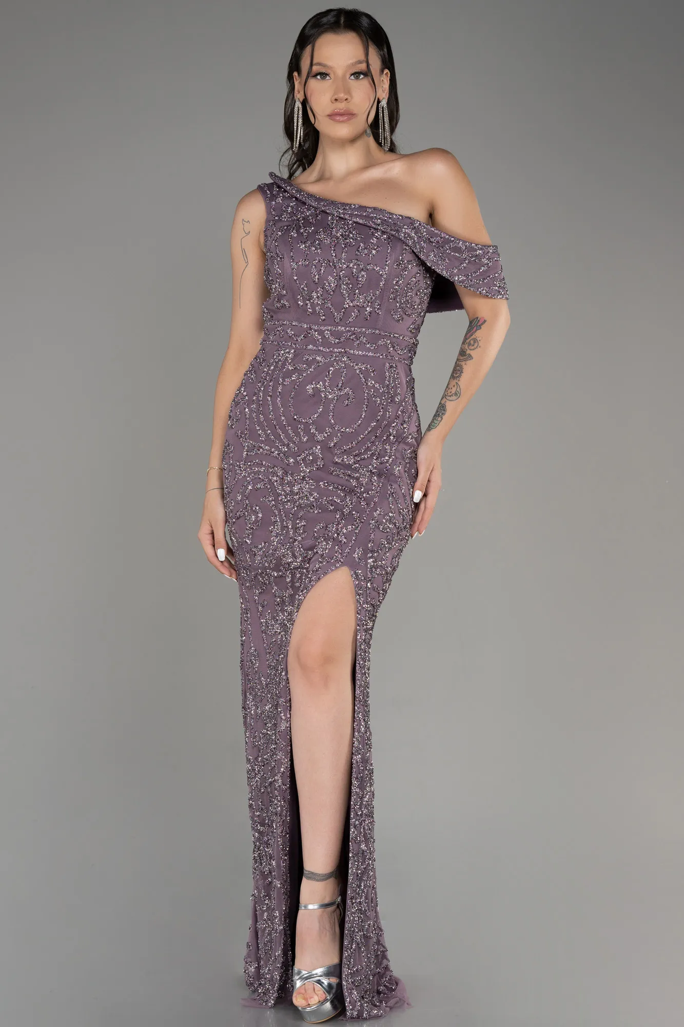 Lavender-One Shoulder Slit Stony Long Evening Gown ABU3853