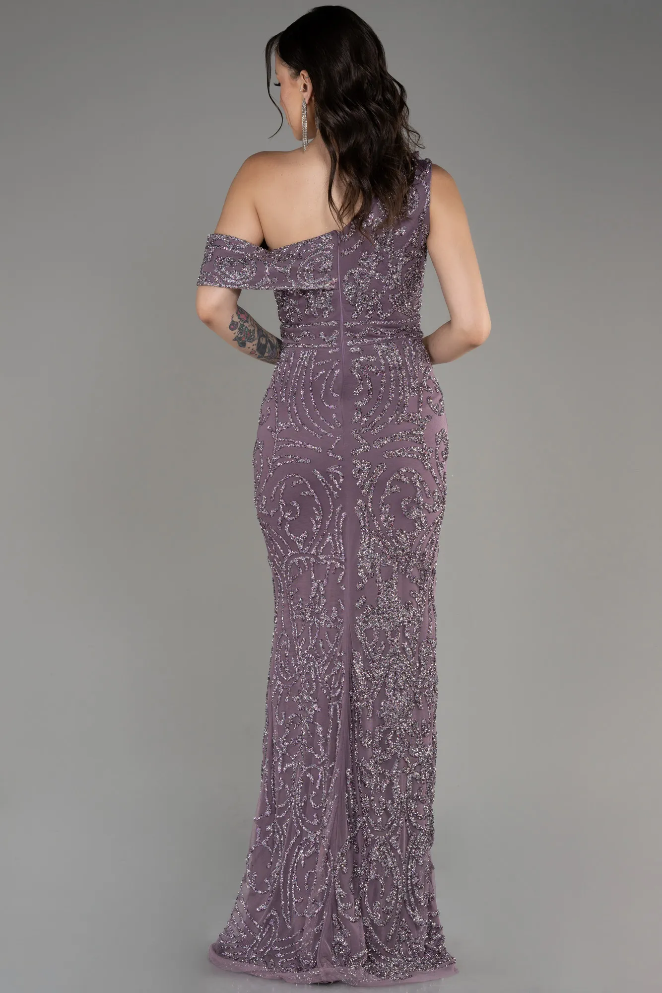 Lavender-One Shoulder Slit Stony Long Evening Gown ABU3853