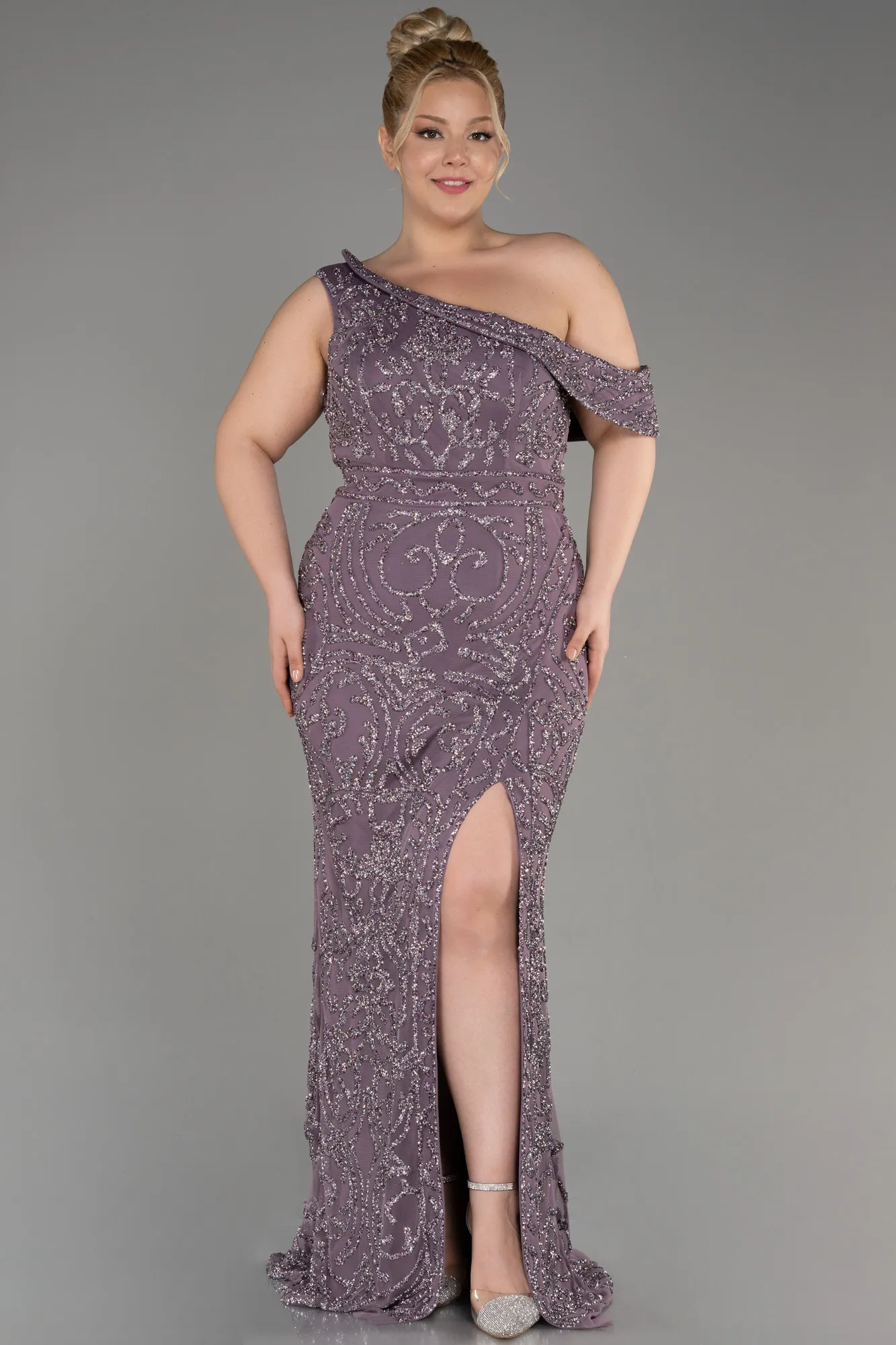 Lavender-One Shoulder Stony Long Plus Size Evening Gown ABU3854