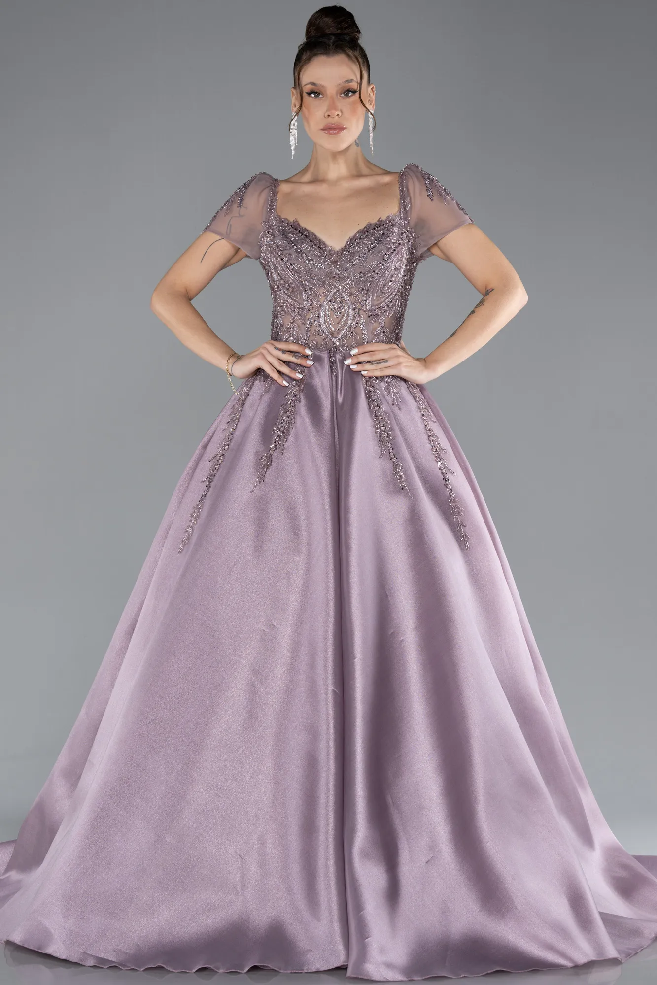 Lavender-Short Sleeve Stone Special Design Evening Dress ABU4449