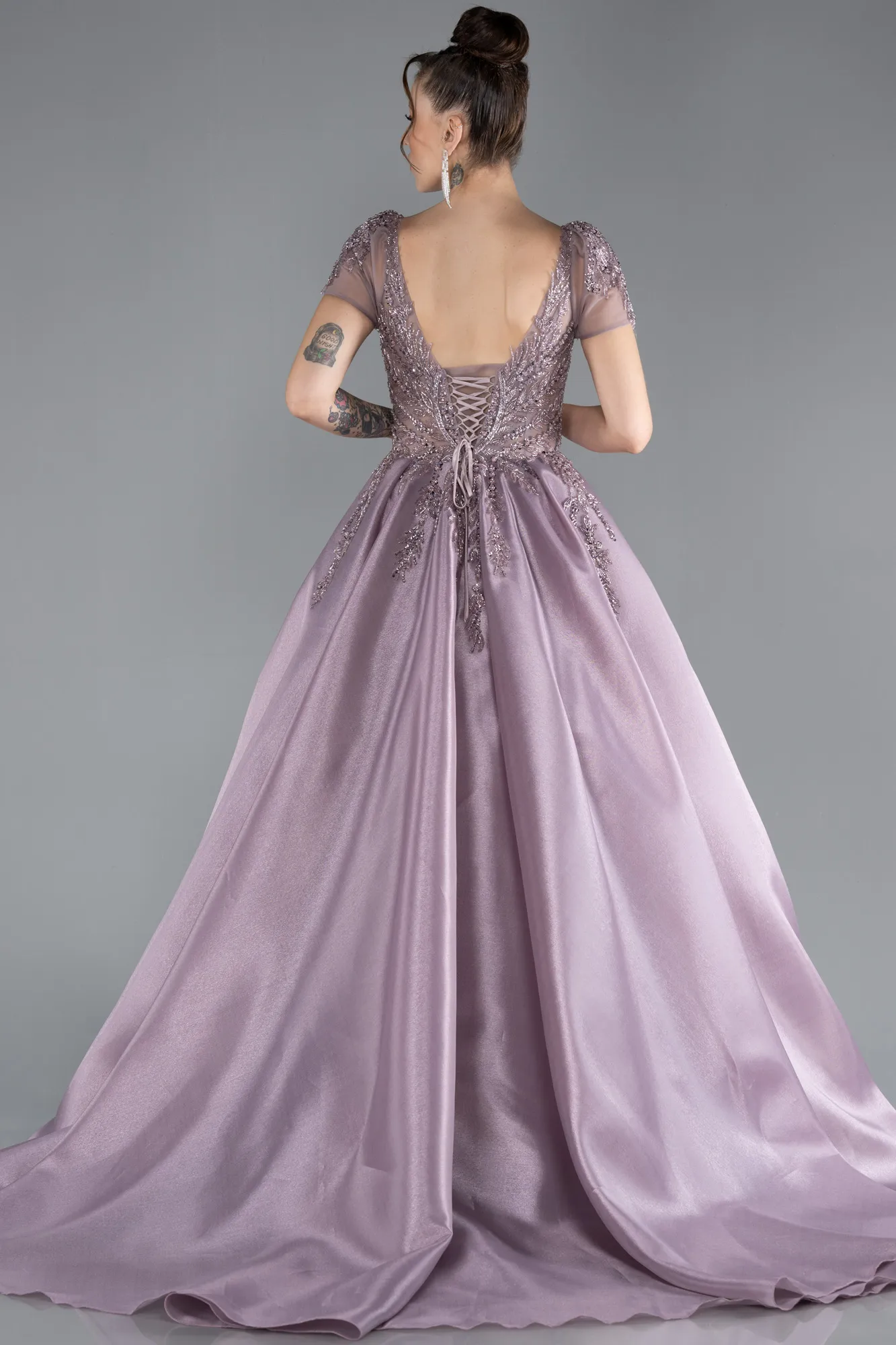 Lavender-Short Sleeve Stone Special Design Evening Dress ABU4449