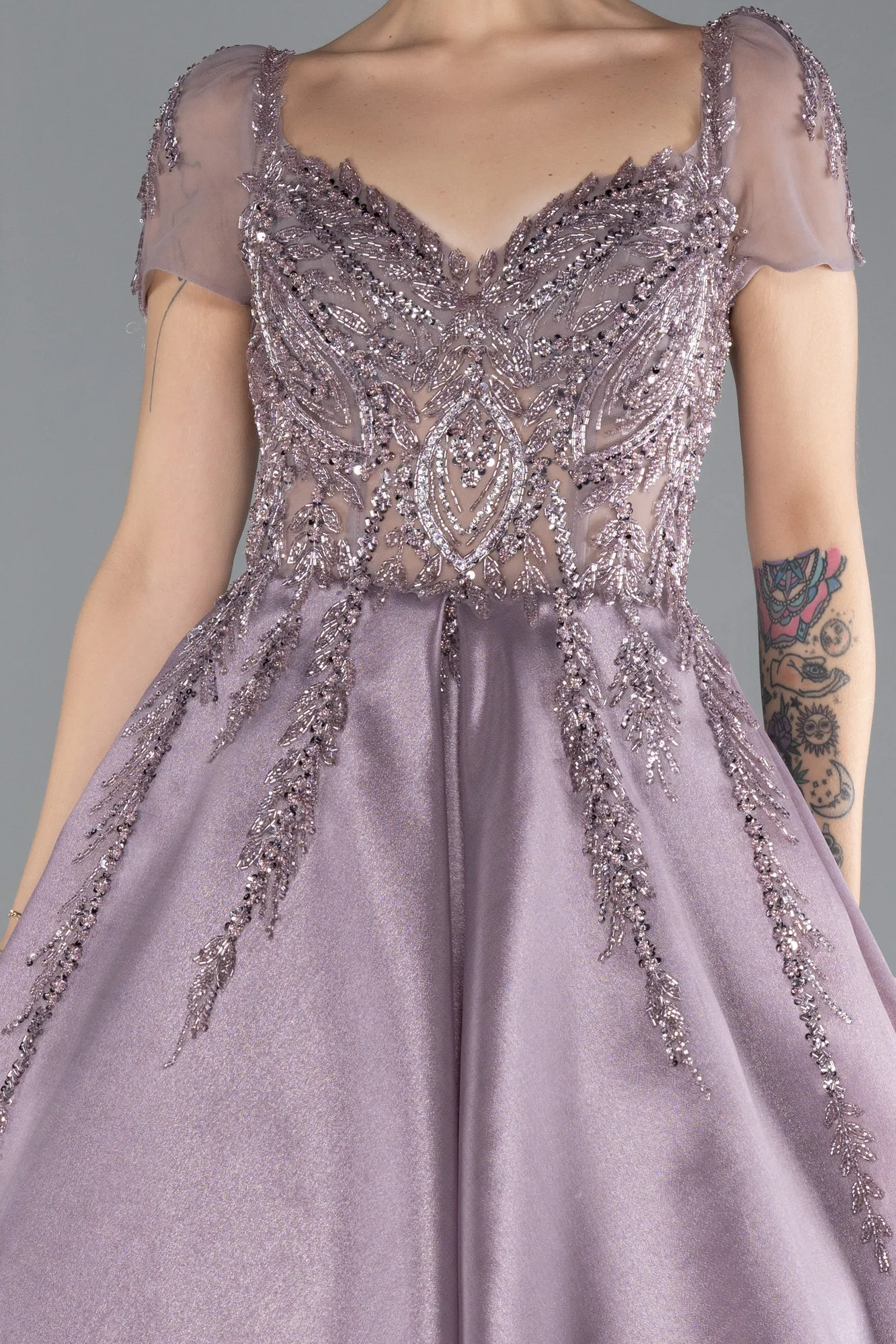 Lavender-Short Sleeve Stone Special Design Evening Dress ABU4449