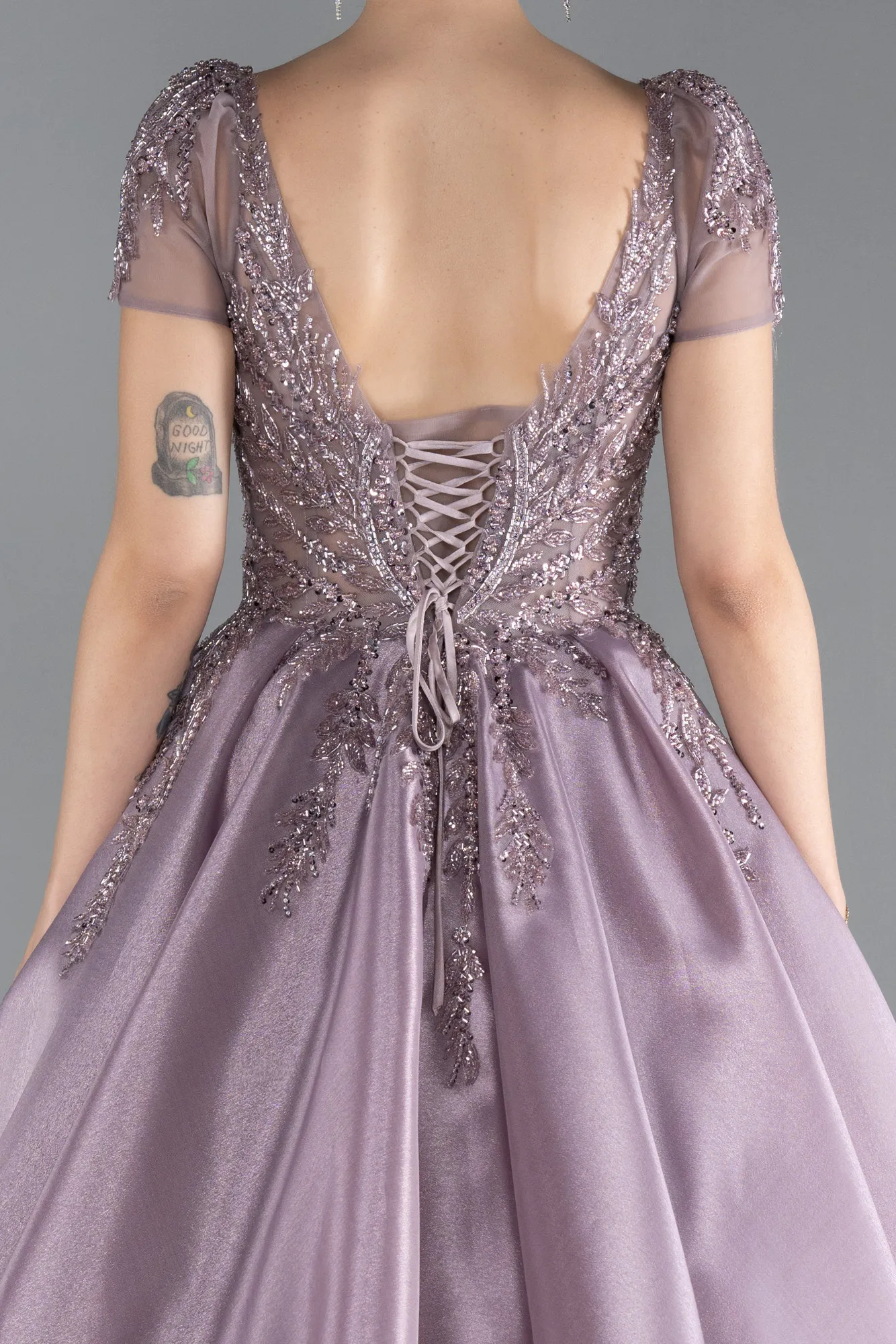 Lavender-Short Sleeve Stone Special Design Evening Dress ABU4449