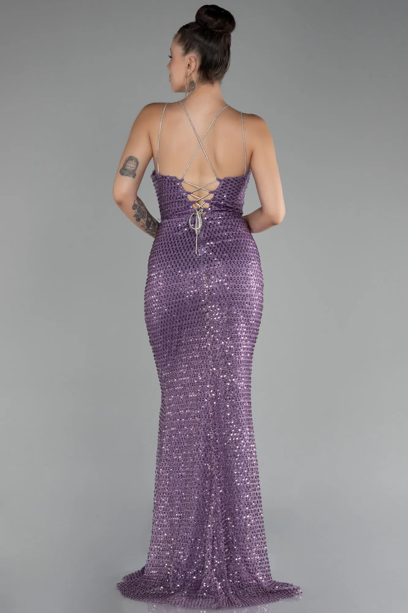 Lavender-Slit Long Stony Evening Dress ABU4164