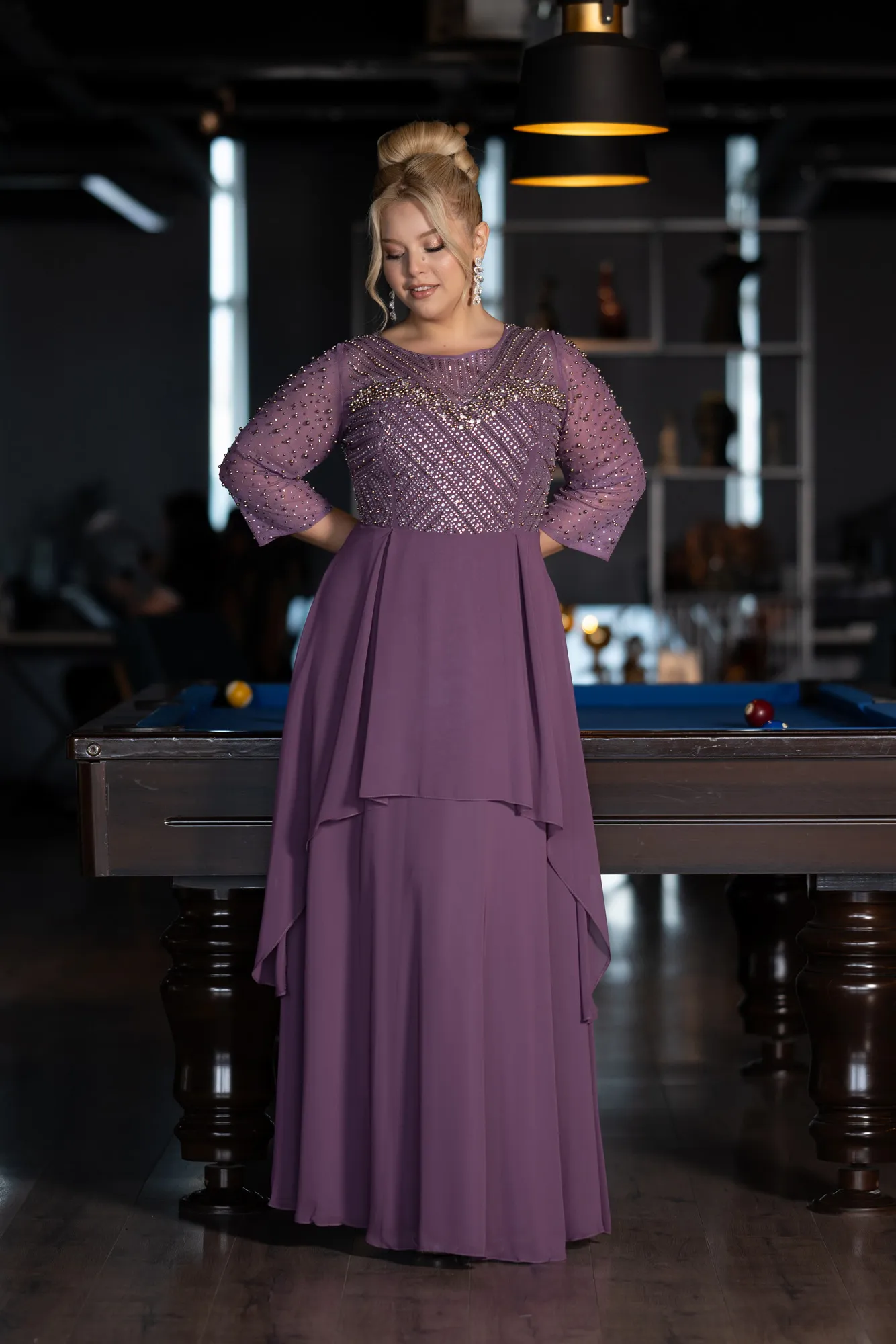 Lavender-Stoned Long Sleeve Chiffon Plus Size Evening Dress ABU4018