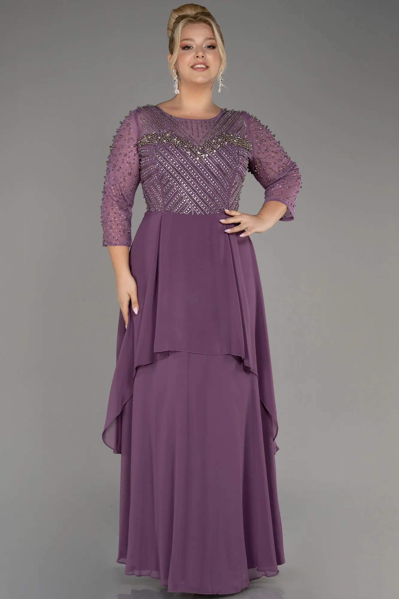 Lavender-Stoned Long Sleeve Chiffon Plus Size Evening Dress ABU4018