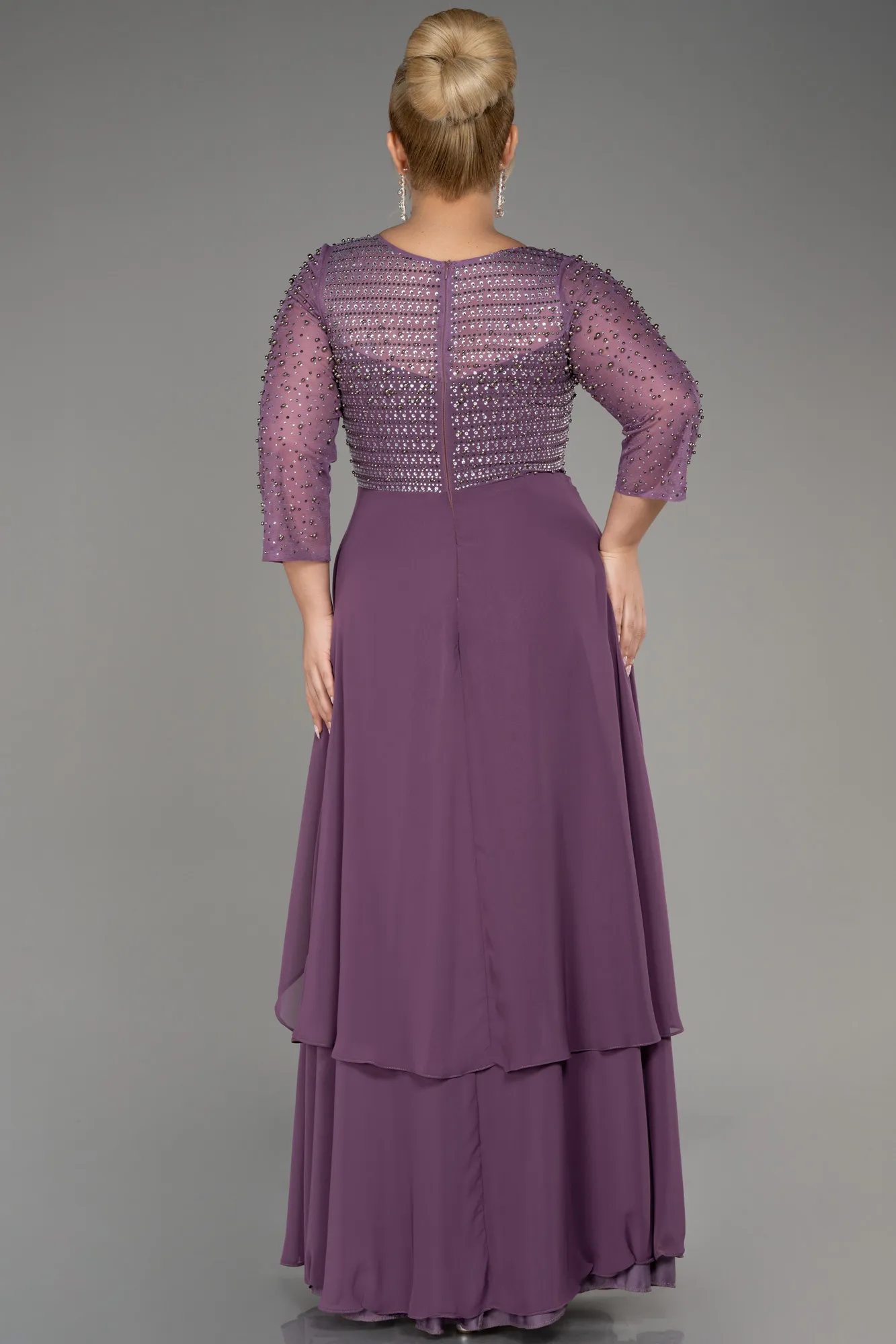 Lavender-Stoned Long Sleeve Chiffon Plus Size Evening Dress ABU4018