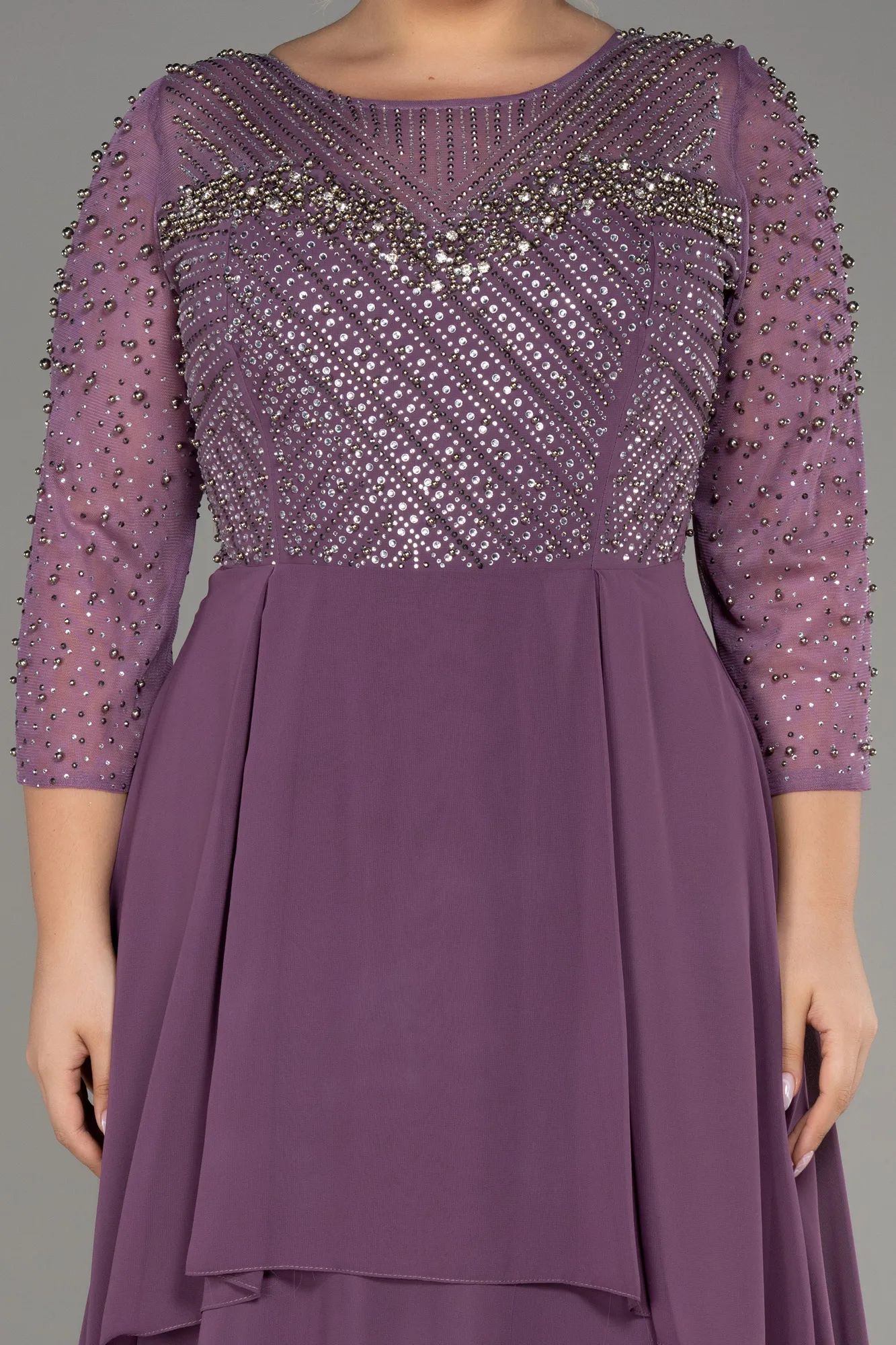 Lavender-Stoned Long Sleeve Chiffon Plus Size Evening Dress ABU4018