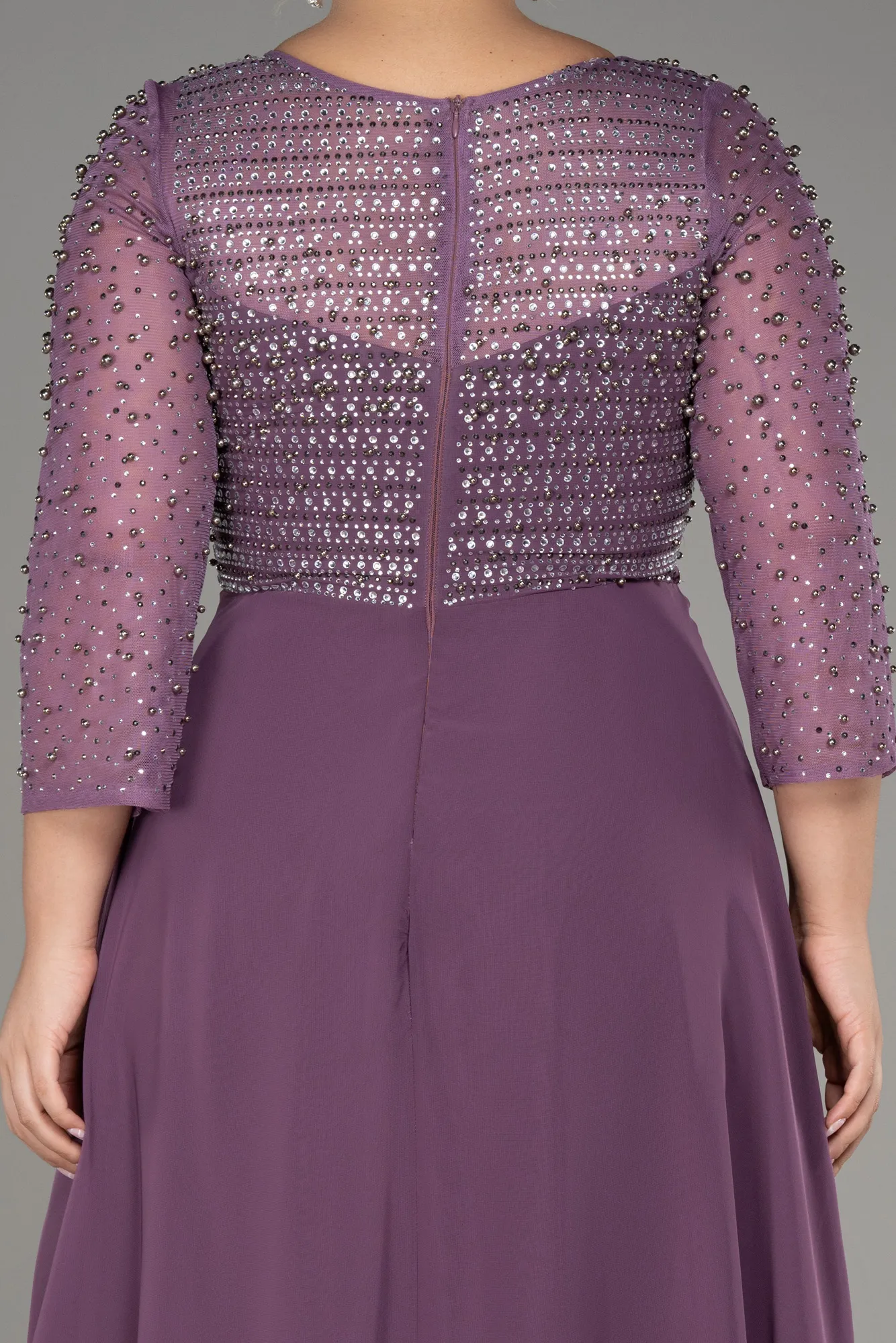 Lavender-Stoned Long Sleeve Chiffon Plus Size Evening Dress ABU4018