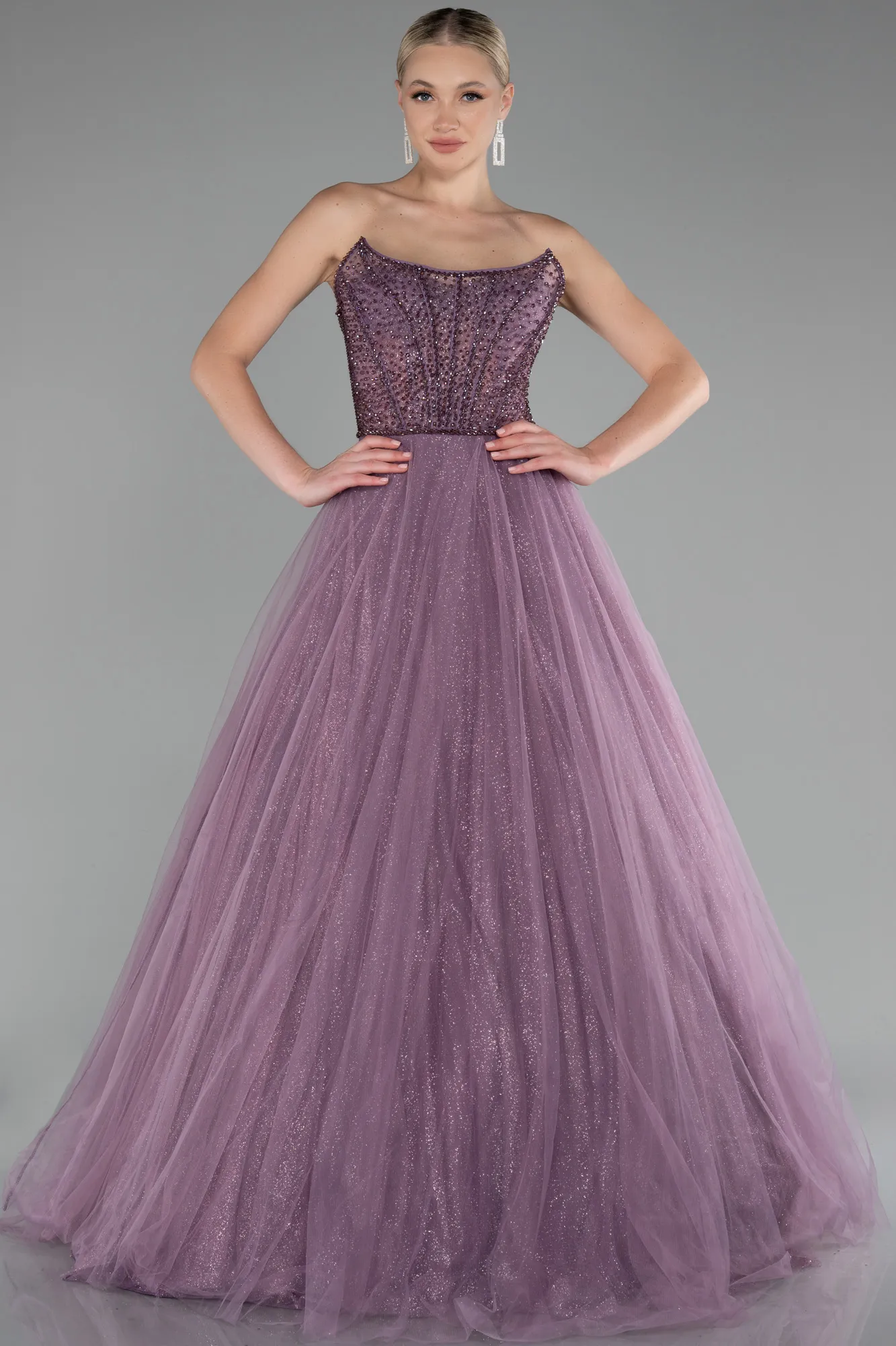 Lavender-Stoned Strapless Glitter Collar Long Ball Gown ABU4185