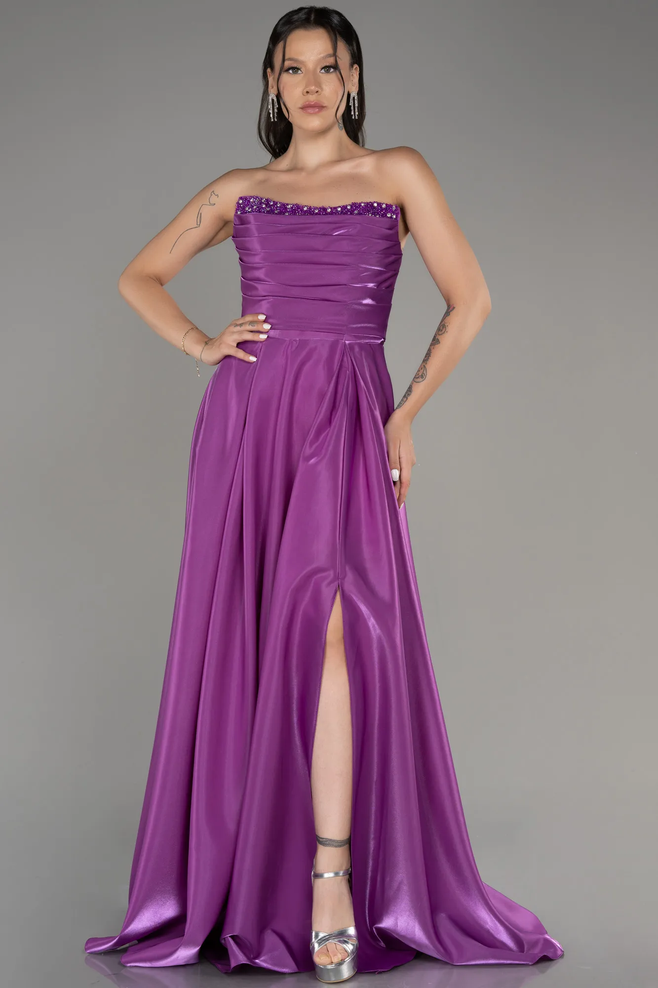 Lavender-Strapless Slit Long Stin Prom Dress ABU4013