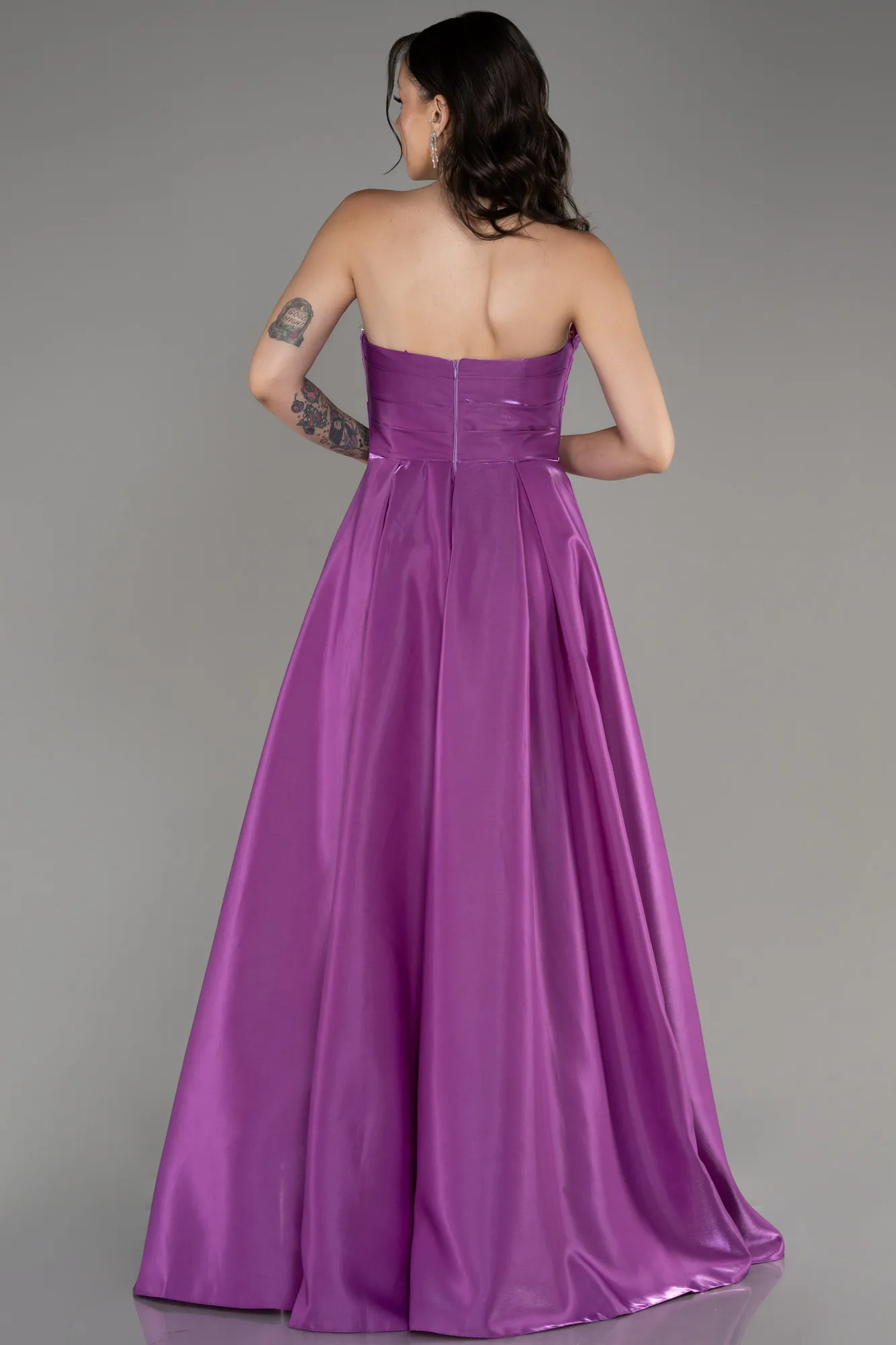 Lavender-Strapless Slit Long Stin Prom Dress ABU4013