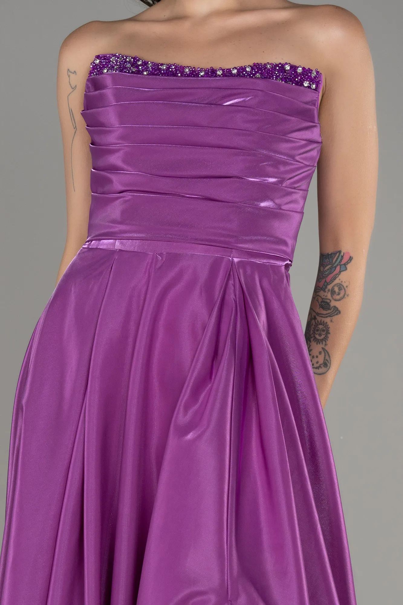 Lavender-Strapless Slit Long Stin Prom Dress ABU4013