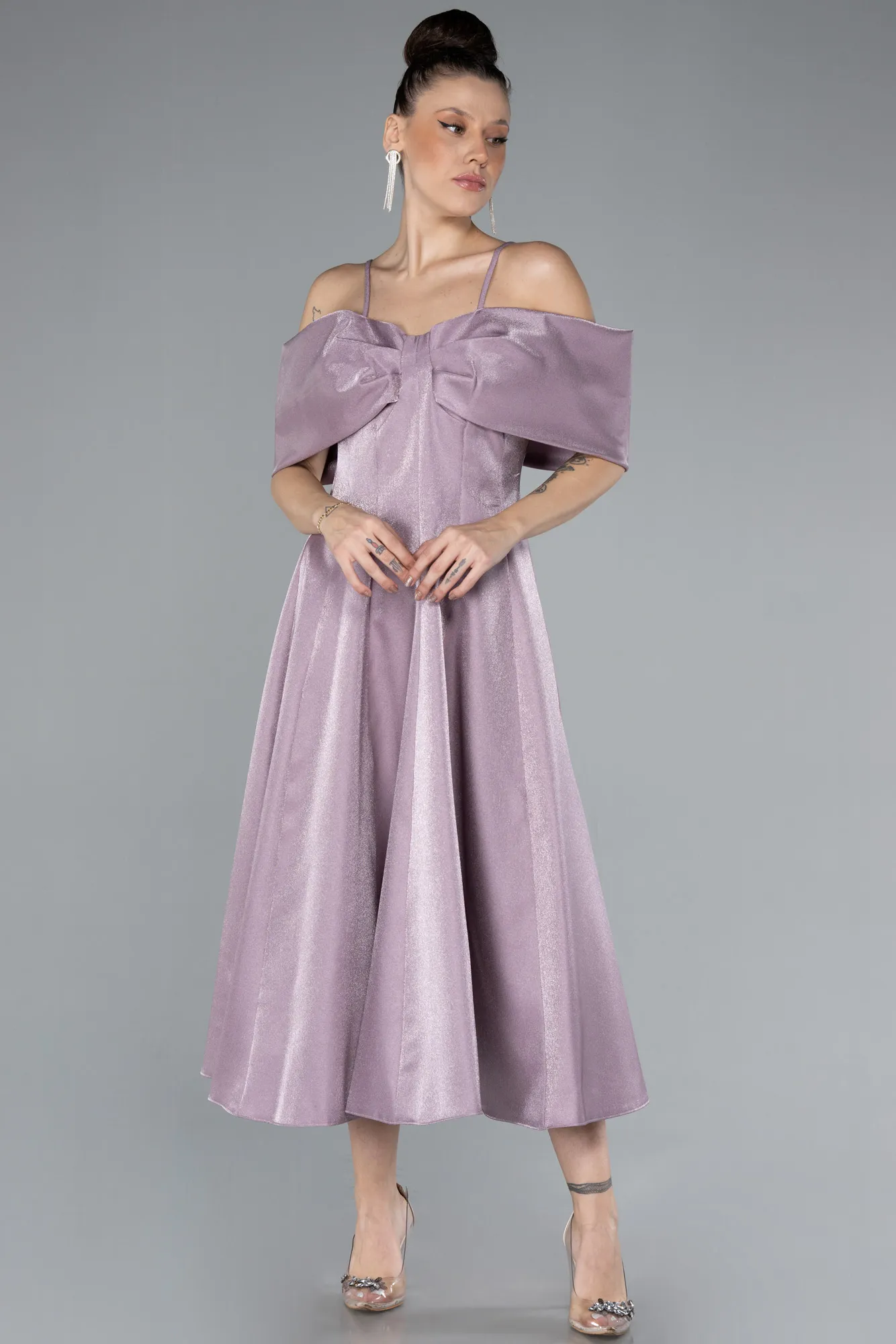 Lavender-Strappy Shoulder Cut Midi Invitation Dress ABK2204