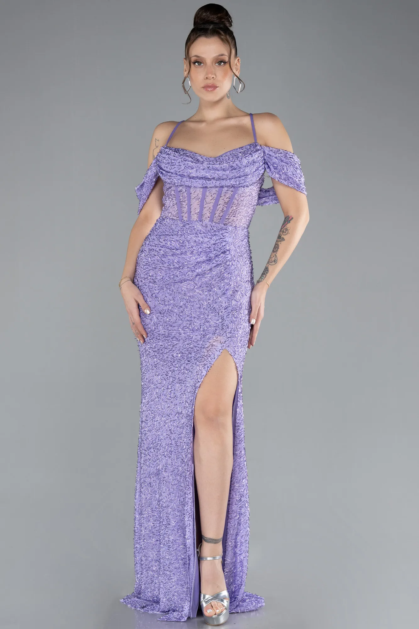 Lila-Slit Long Stone Prom Gown ABU4394