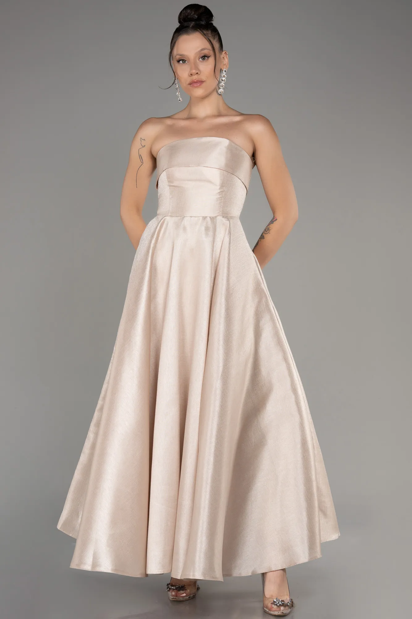 Mink-Boat Neck Midi Taffeta Prom Dress ABU4049