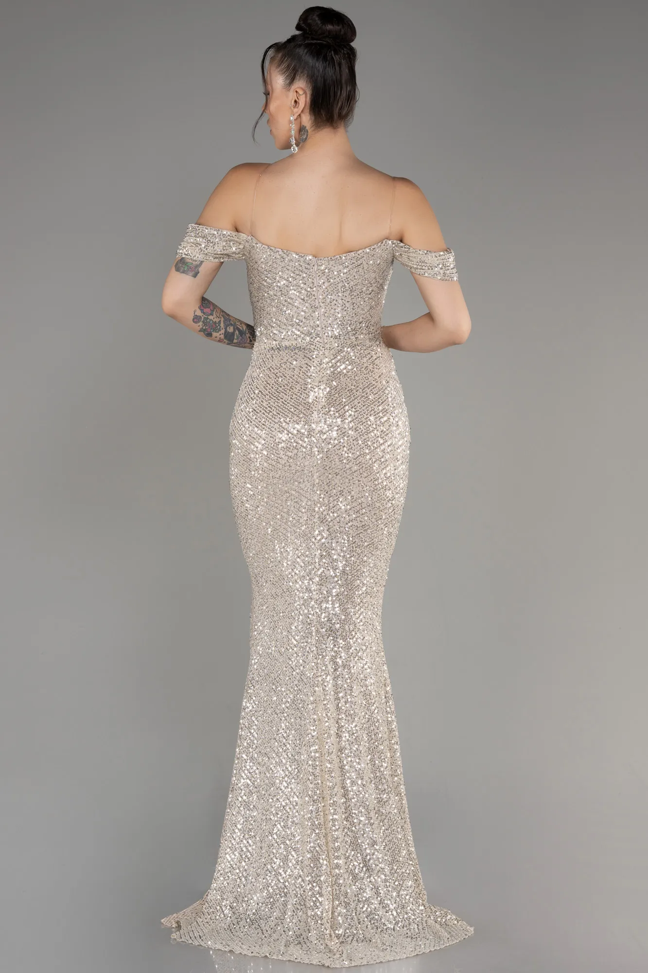 Mink-Boat Neck Slit Sequined Long Evening Dress ABU4040