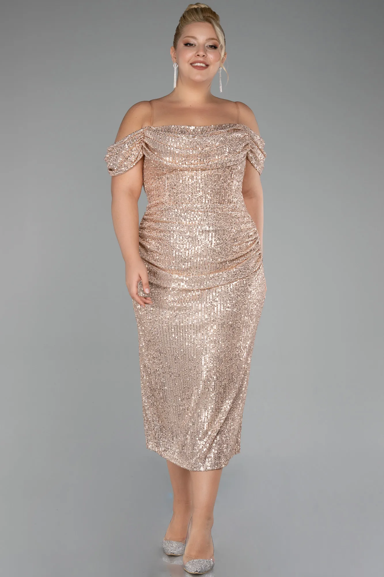 Mink-Off Shoulder Midi Sequined Plus Size Evening Dress ABK2056