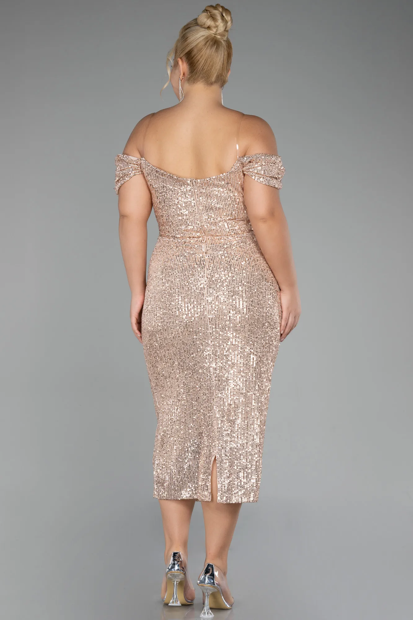 Mink-Off Shoulder Midi Sequined Plus Size Evening Dress ABK2056